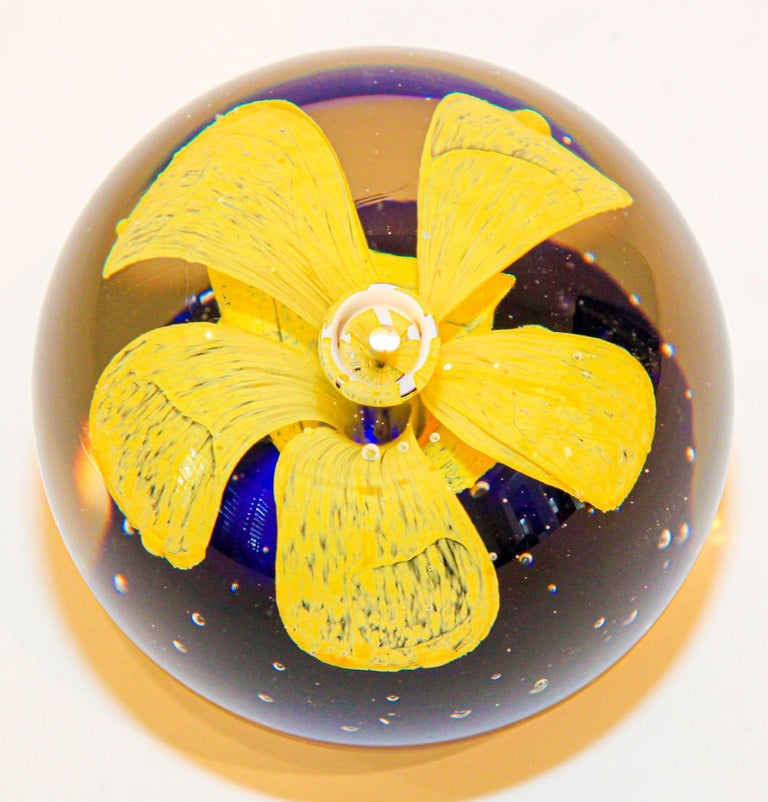 Murano Hand Blown Paperweight Yellow Flower With Blue Base Collectible Art Glass For Sale At 1stdibs