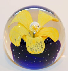 Murano Hand Blown Paperweight Yellow Flower with Blue Base Collectible Art Glass