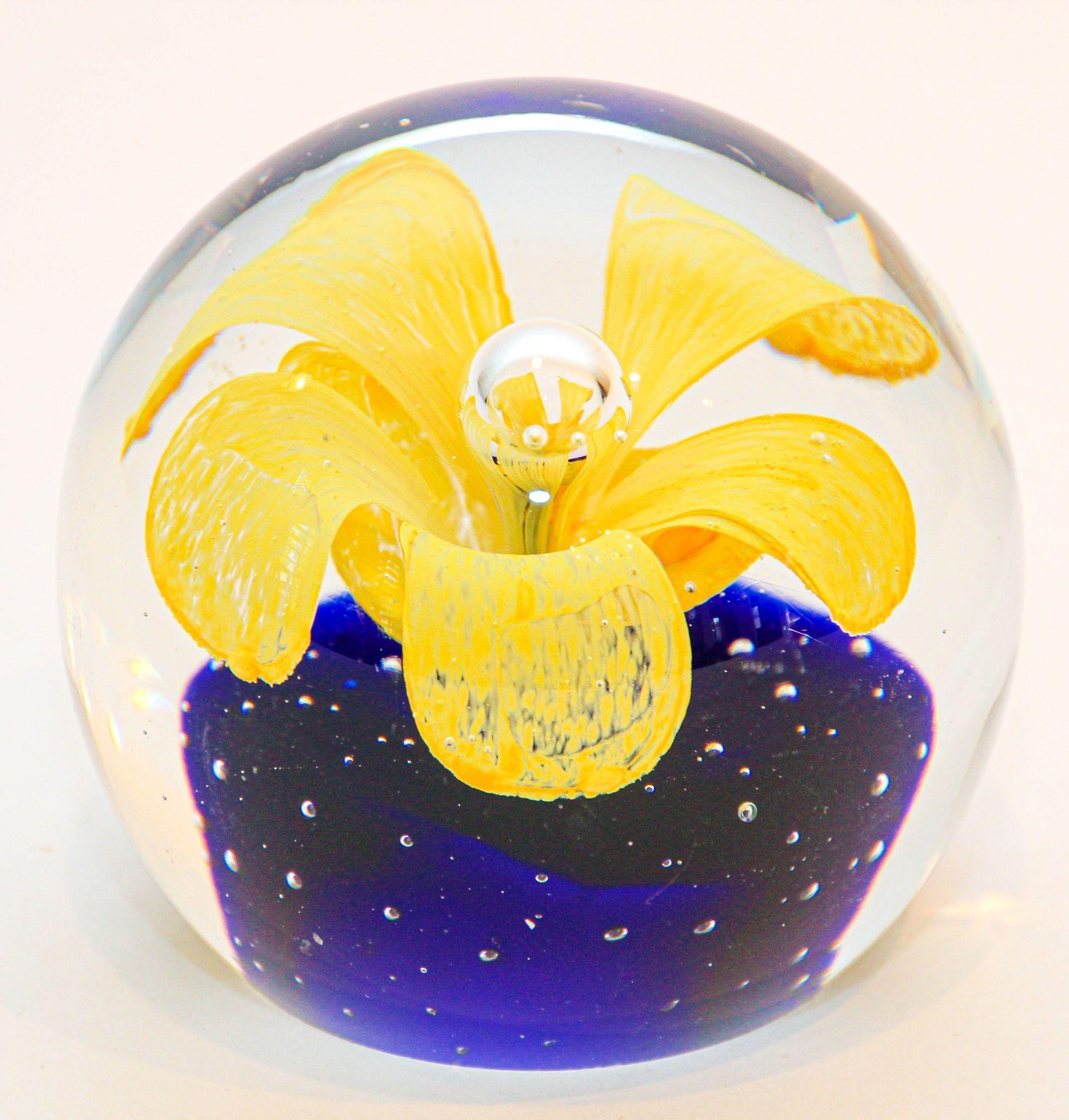 Mid-Century Modern Murano Hand Blown Paperweight Yellow Flower with Blue Base Collectible Art Glass For Sale