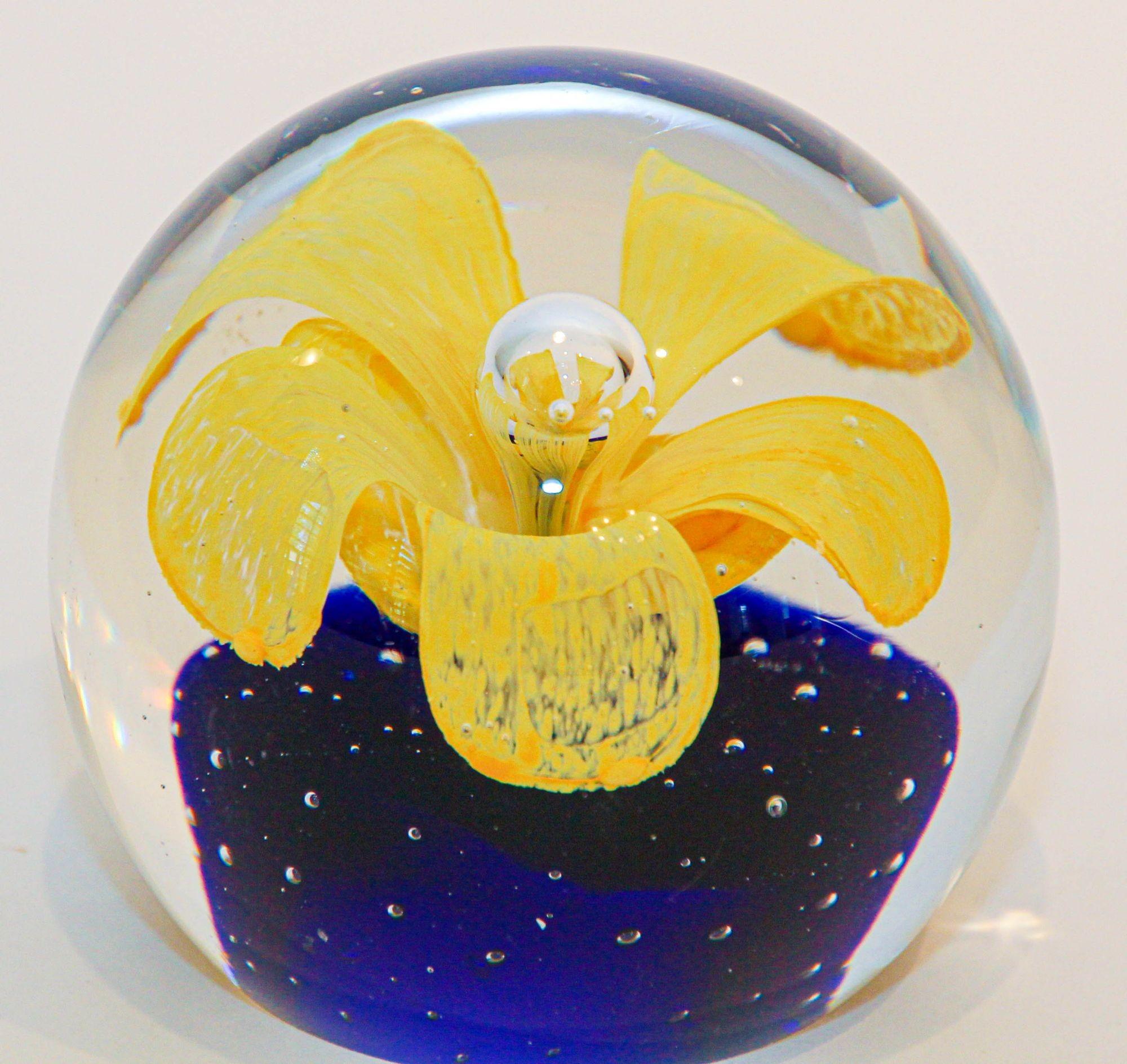 Italian Murano Hand Blown Paperweight Yellow Flower with Blue Base Collectible Art Glass For Sale