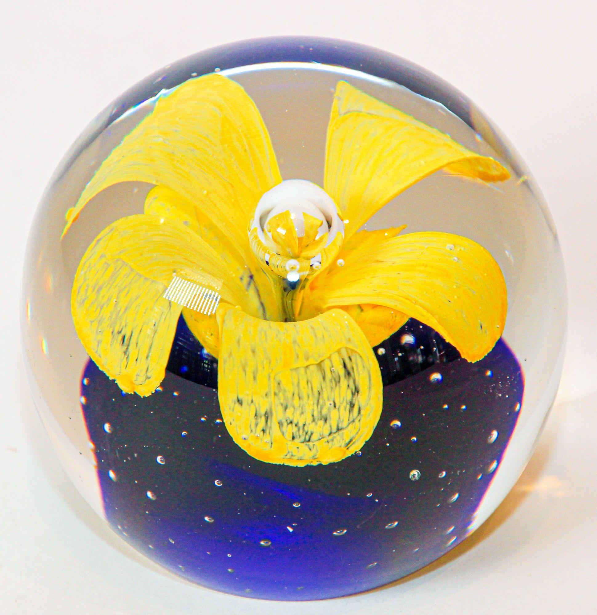 Hand-Crafted Murano Hand Blown Paperweight Yellow Flower with Blue Base Collectible Art Glass For Sale