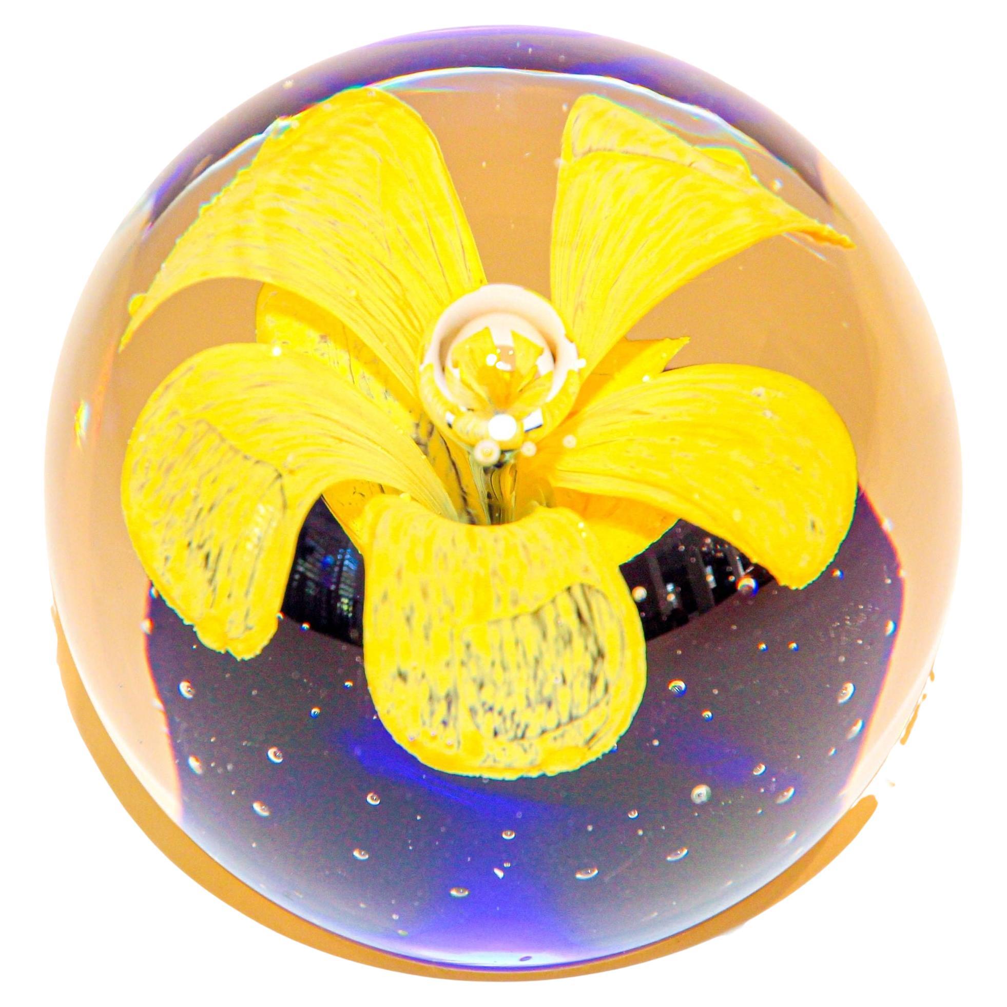 Murano Hand Blown Paperweight Yellow Flower with Blue Base Collectible Art Glass For Sale