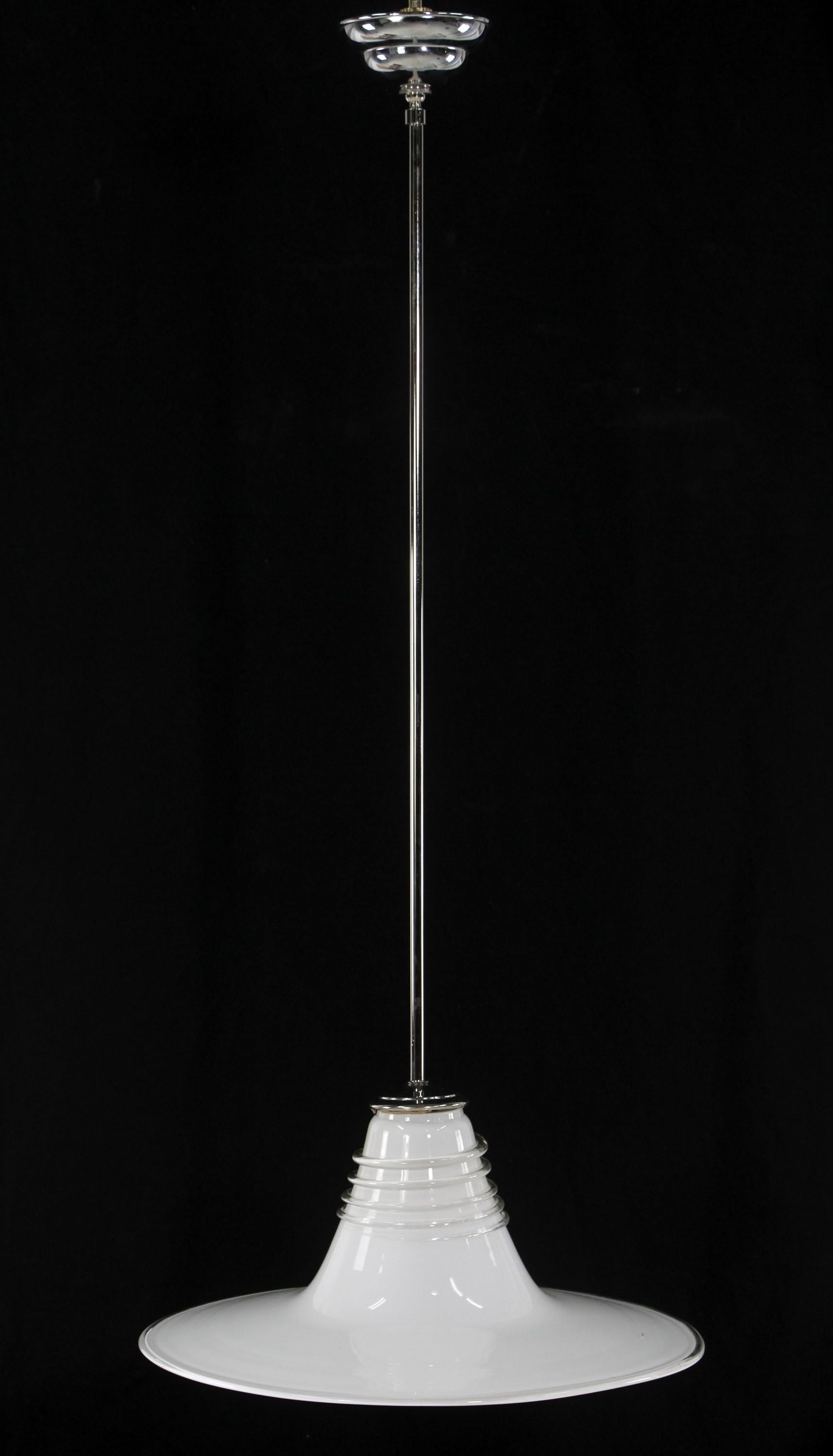 Italian Murano glass pendant light with swirled glass and a clear glass coil design on top portion. It is attached to a nickel over brass pole fitter newly wired. The glass is hand blown and white swirled. The price includes restoration.