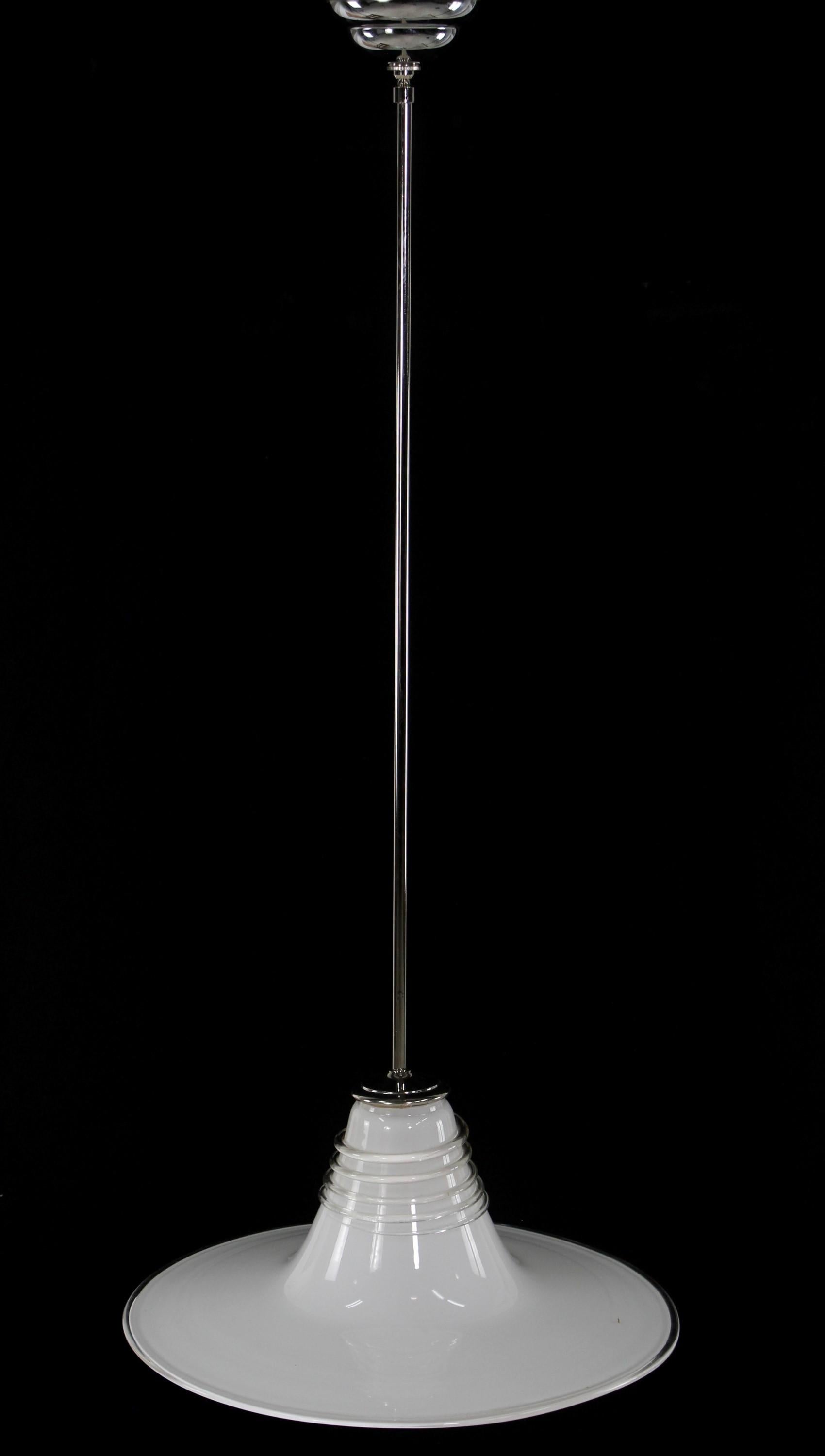 Mid-Century Modern Murano Hand Blown Swirled Glass Pendant Light w/ Polished Nickel Pole Fitter