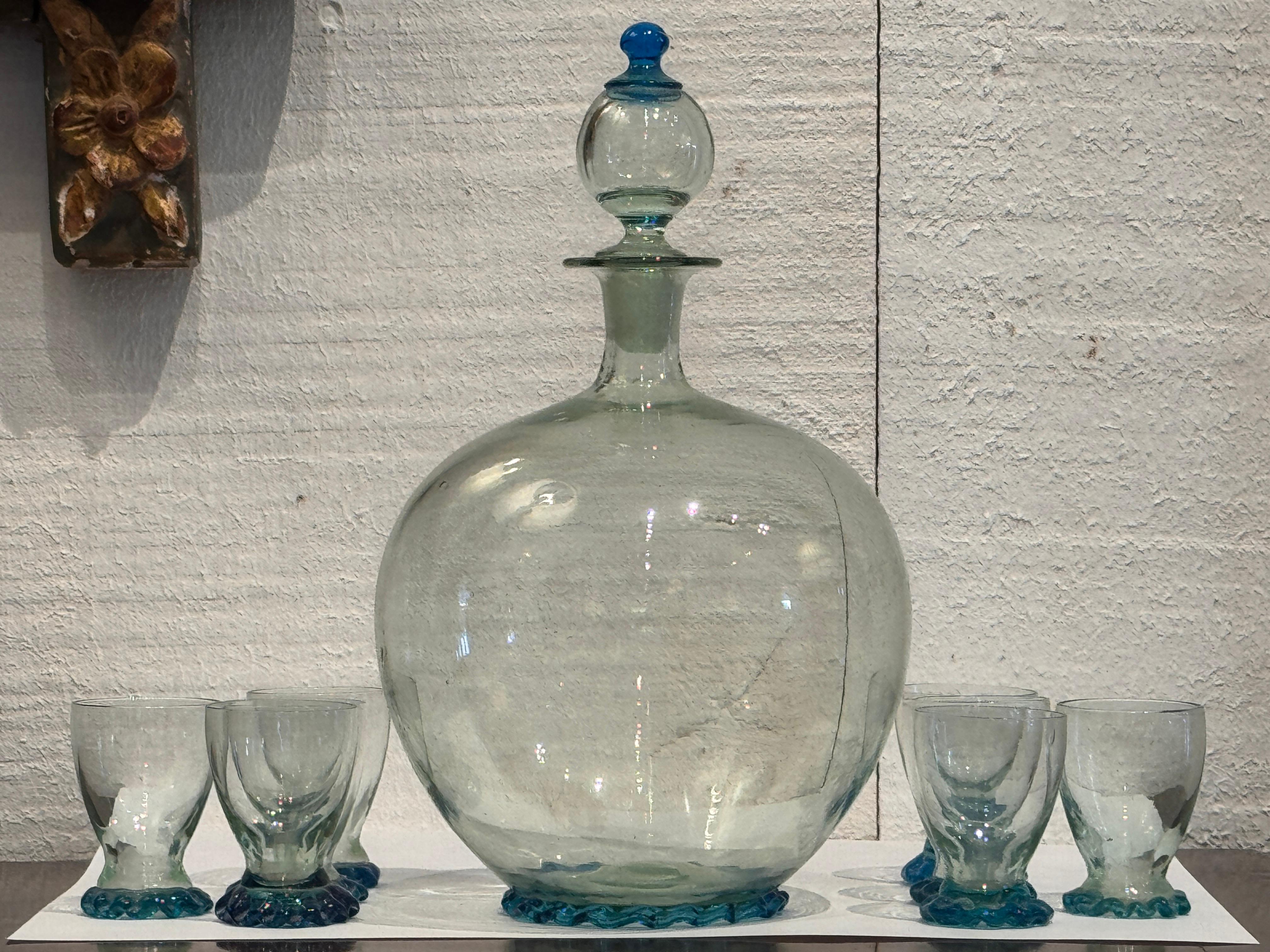 Juego de decantador y copa de cristal soplado de Murano Italiano en venta