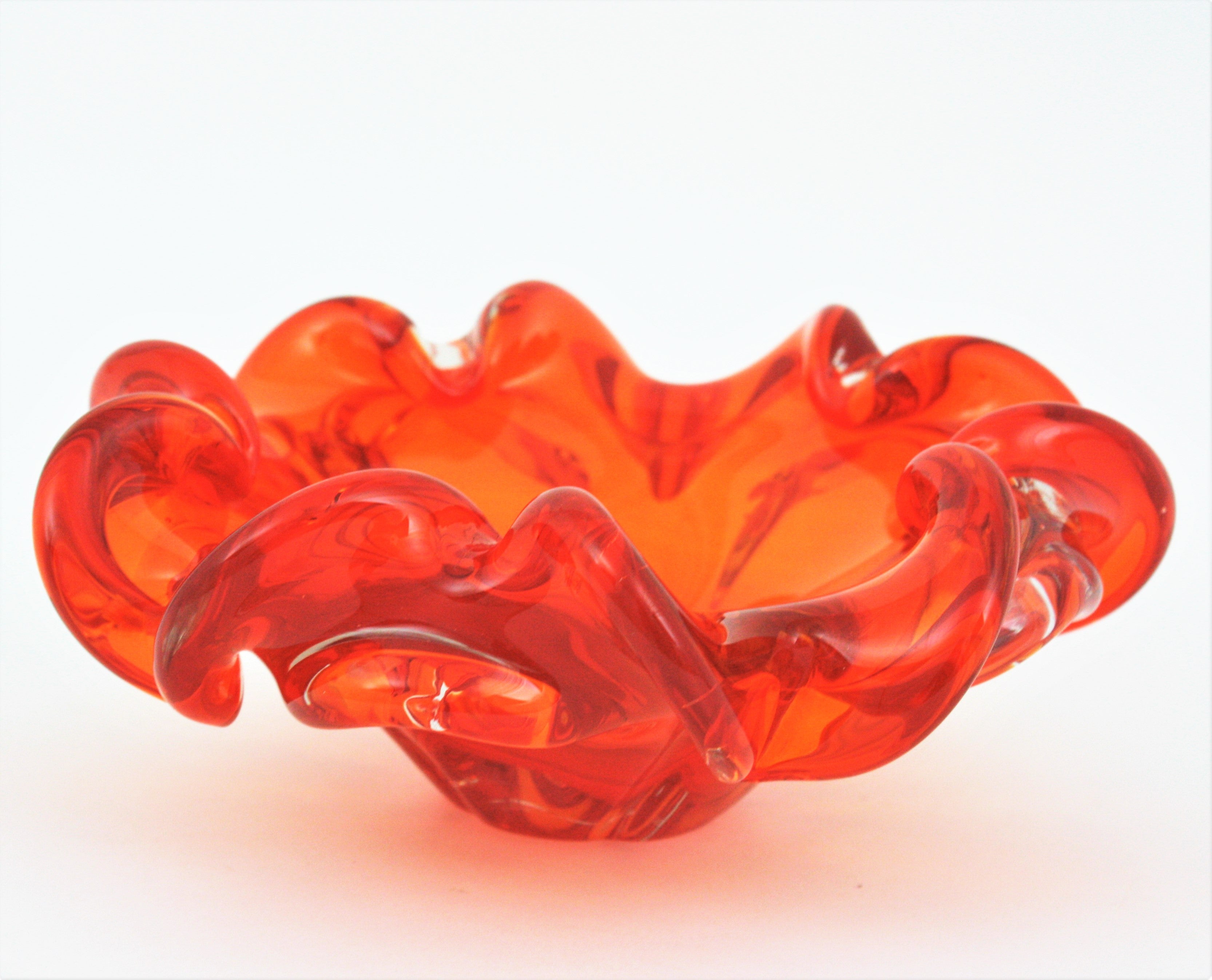 20th Century Midcentury Italian Murano Sommerso Orange and Clear Art Glass Bowl / Ashtray For Sale