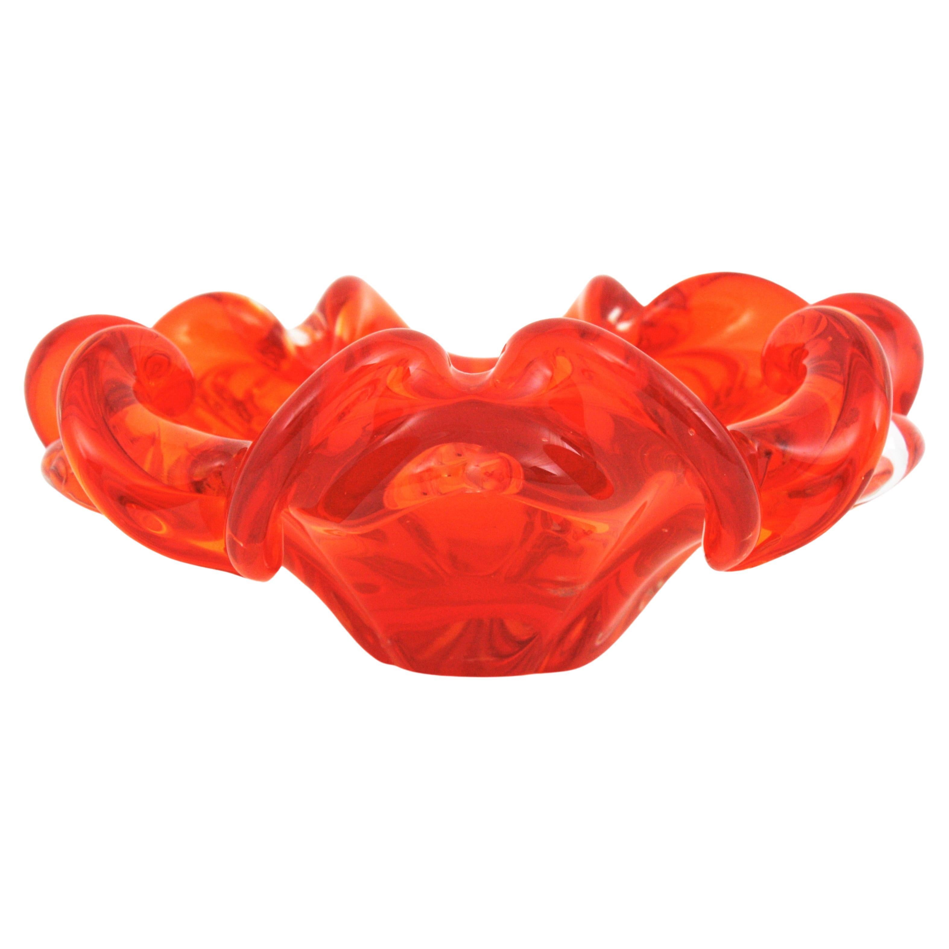 Murano Handblown Orange Sommerso Italian Art Glass Flower Bowl