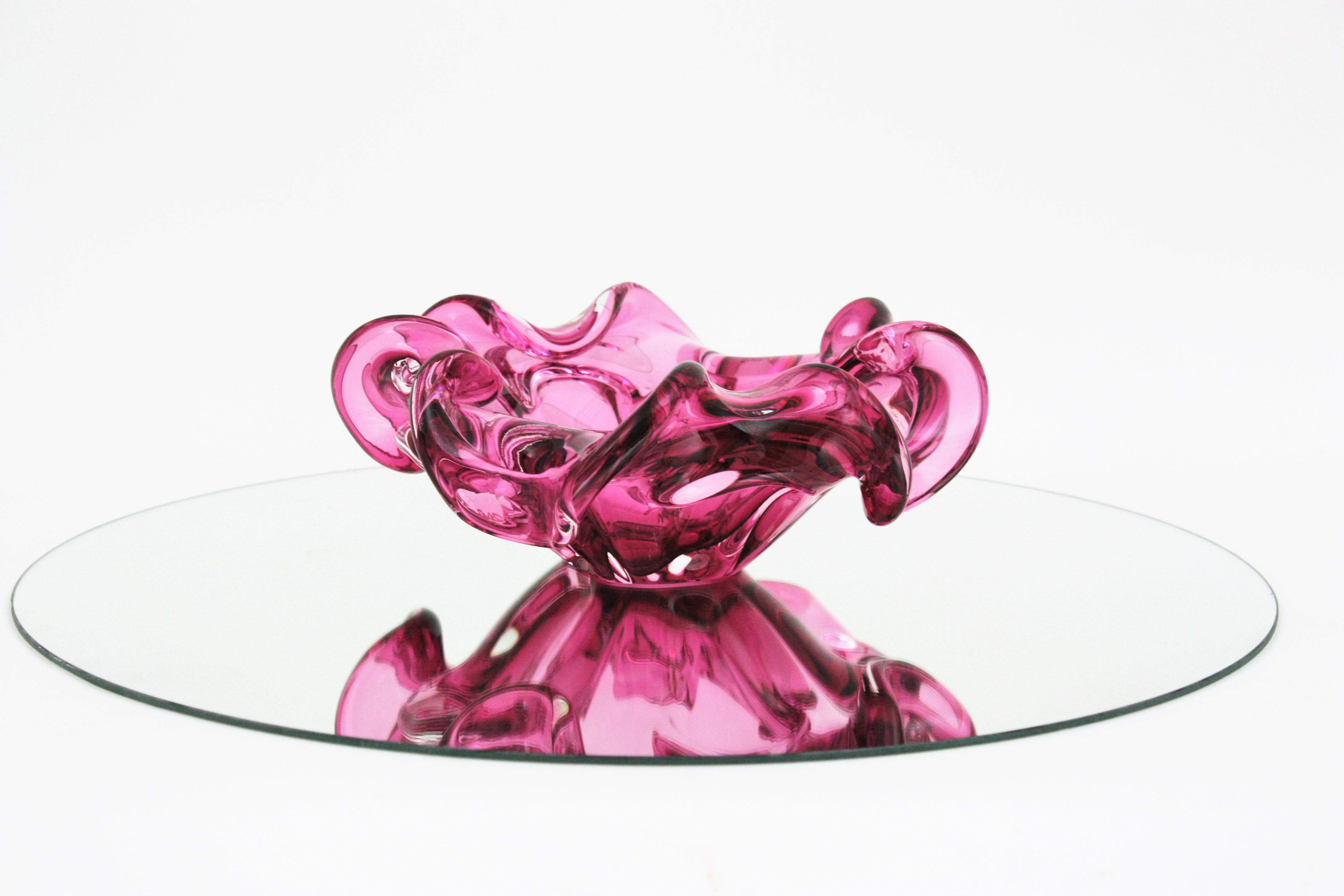 Murano Handblown Pink Sommerso Italian Art Glass Flower Bowl 2