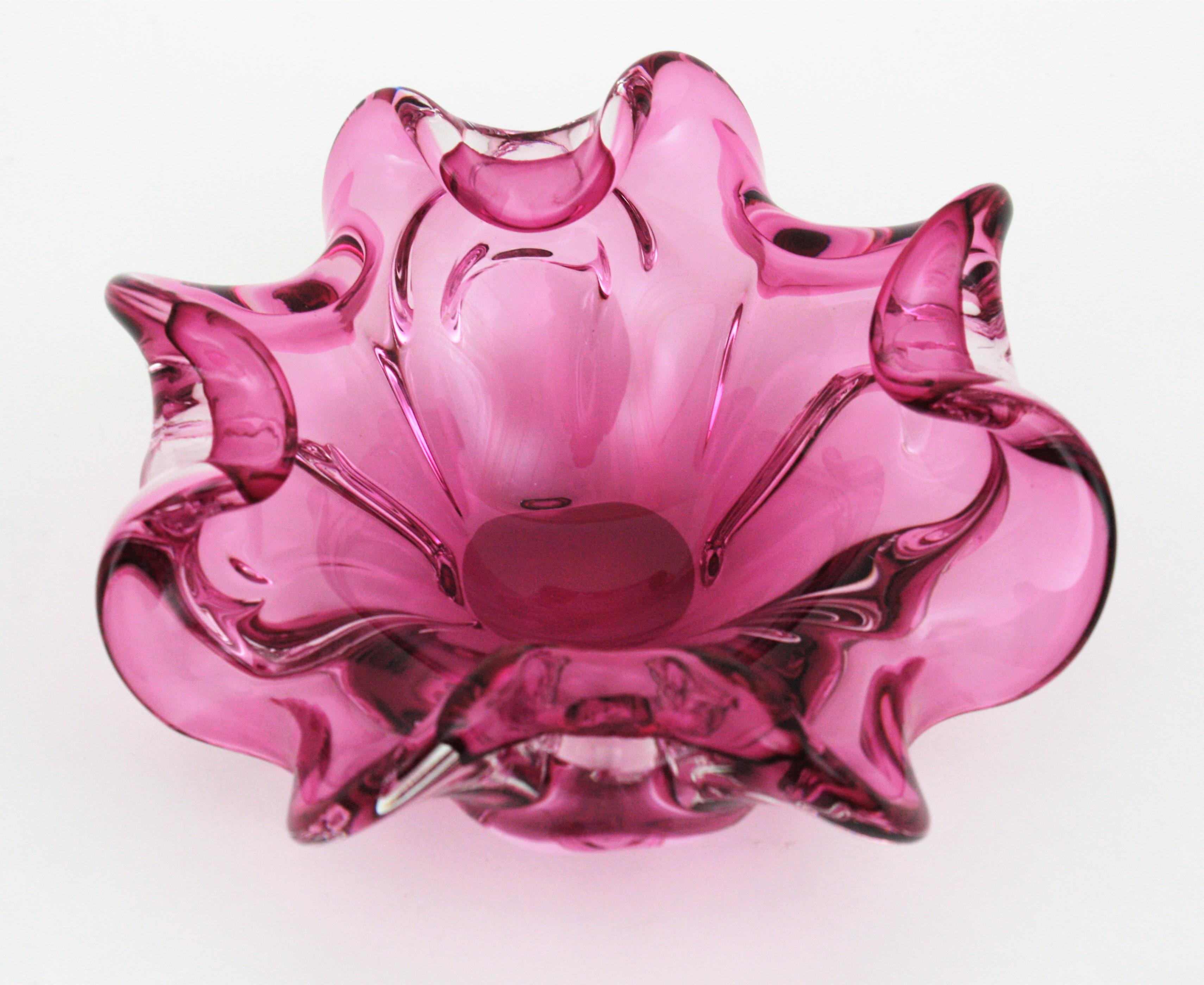 Murano Handblown Pink Sommerso Italian Art Glass Flower Bowl 7