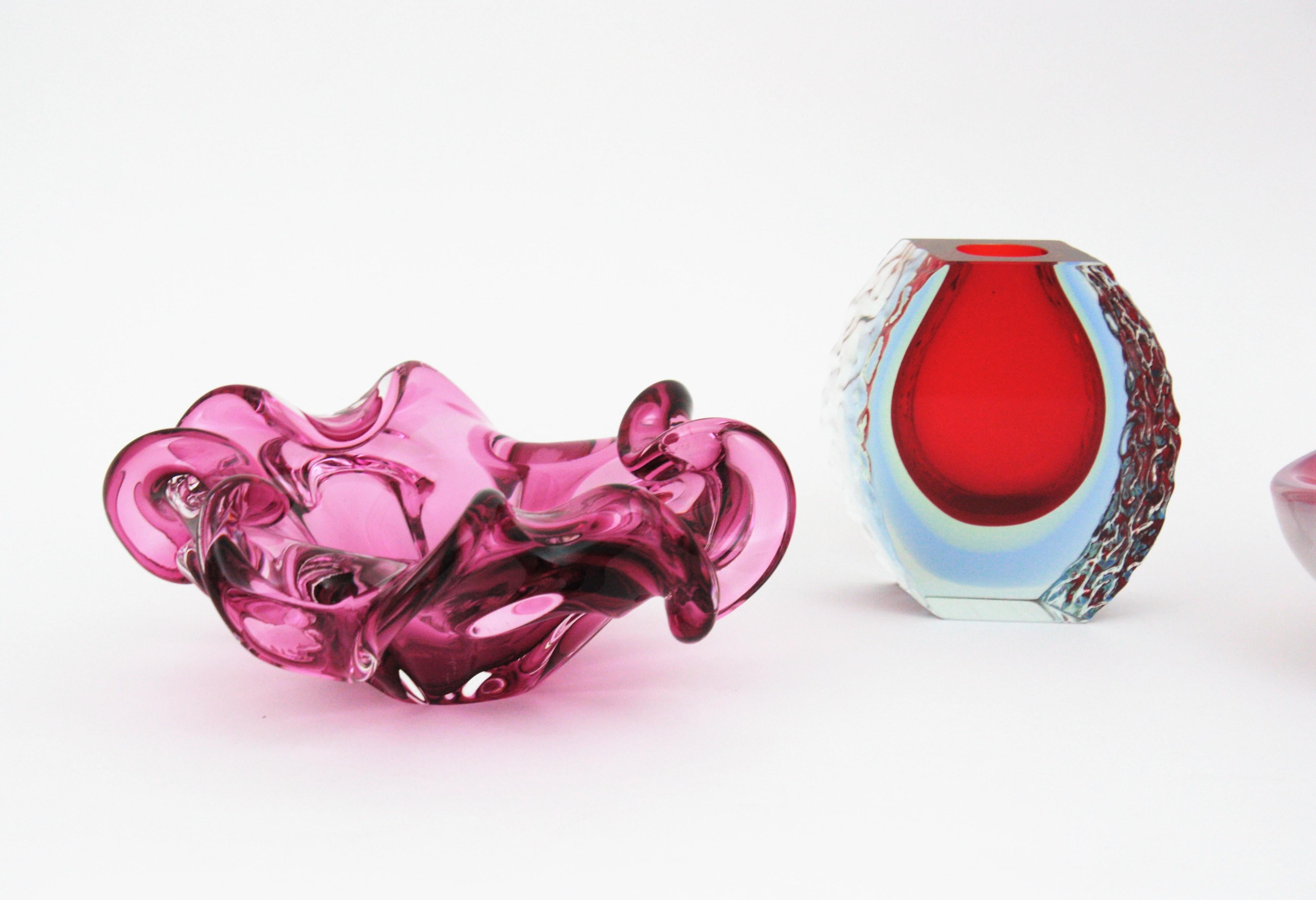 20th Century Murano Handblown Pink Sommerso Italian Art Glass Flower Bowl