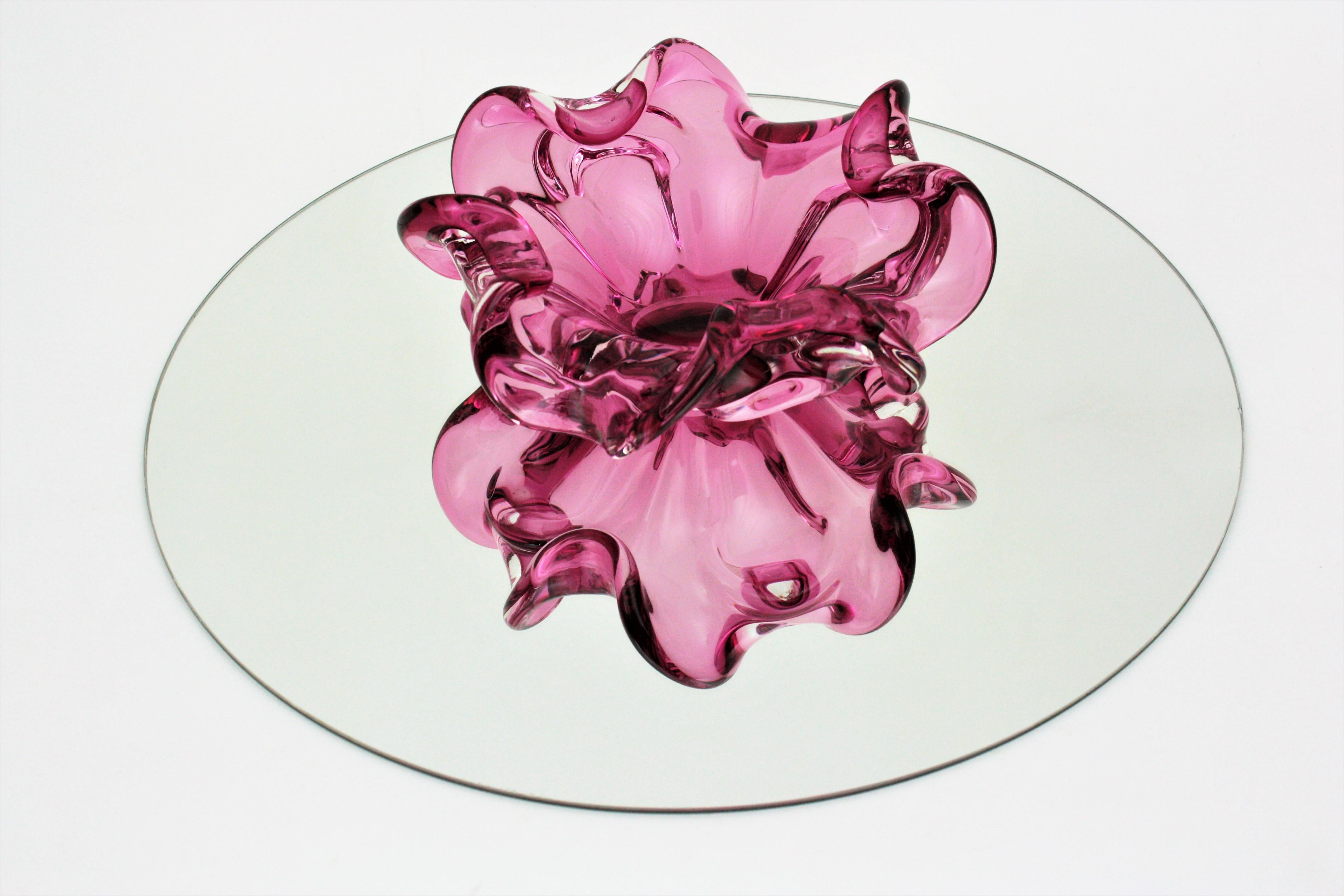 Murano Handblown Pink Sommerso Italian Art Glass Flower Bowl 1