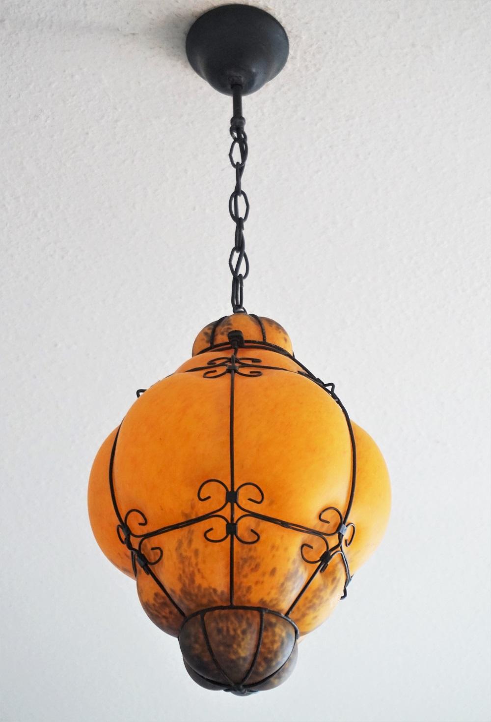 Art Deco Murano Handcrafted Colored Glass Wrought Iron Pendant or Lantern, Venice, Italy For Sale