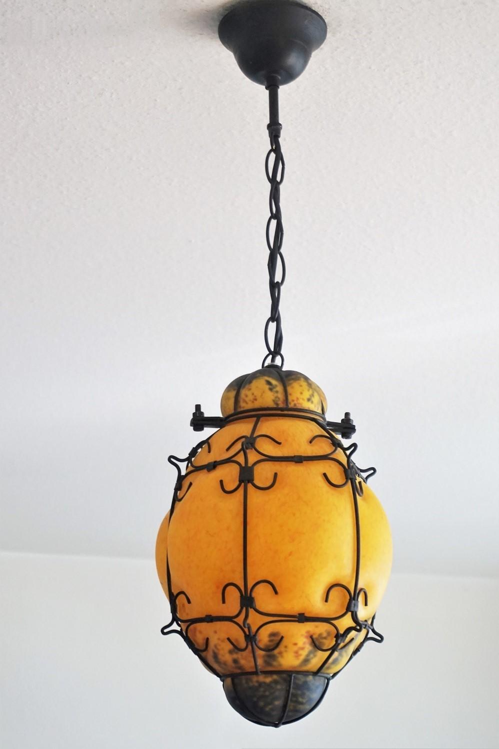 Art Deco Murano Handcrafted Colored Glass Wrought Iron Pendant or Lantern, Venice, Italy