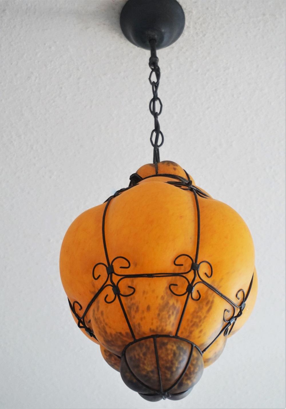 Italian Murano Handcrafted Colored Glass Wrought Iron Pendant or Lantern, Venice, Italy For Sale