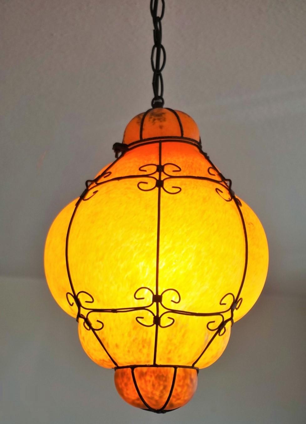 Metal Murano Handcrafted Colored Glass Wrought Iron Pendant or Lantern, Venice, Italy For Sale