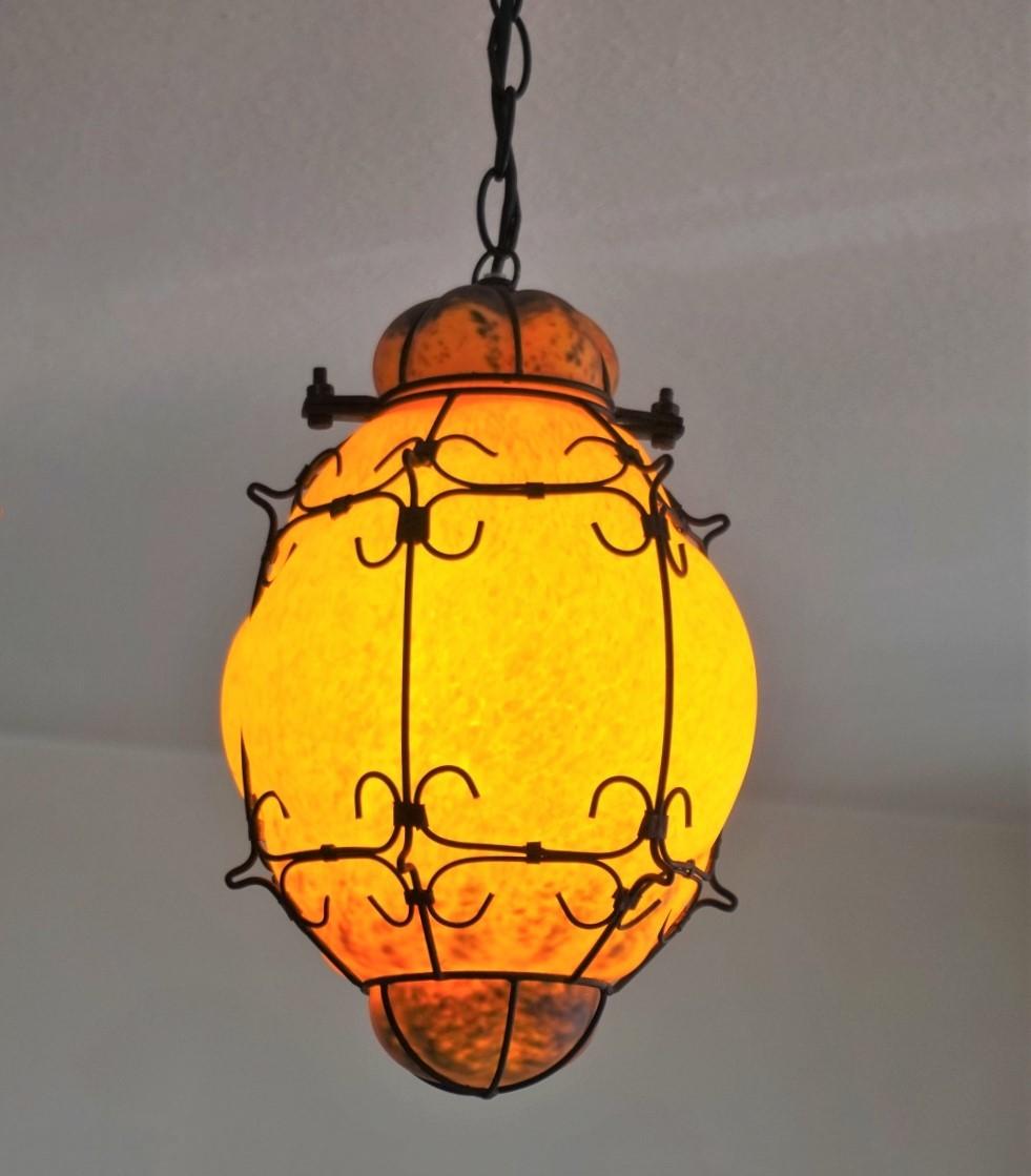 Metal Murano Handcrafted Colored Glass Wrought Iron Pendant or Lantern, Venice, Italy
