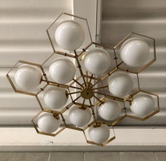 Murano Hexagonal White Glass and Brass Mid-century Chandelier and Pendant, 1980