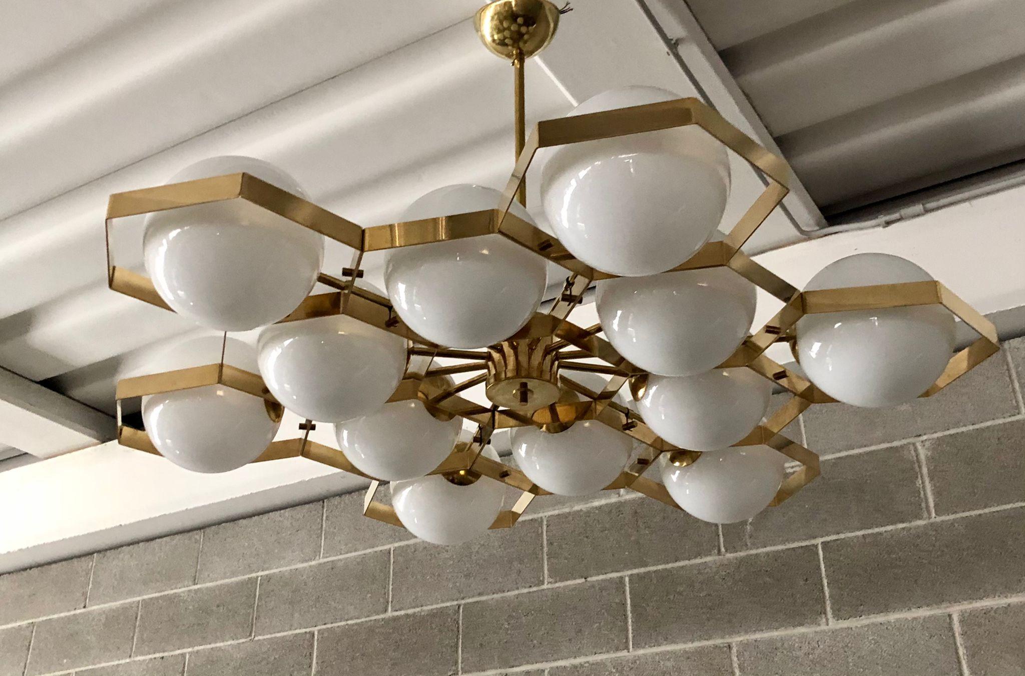 Italian Murano Hexagonal White Glass and Brass Mid-century Chandelier and Pendant, 1980 For Sale