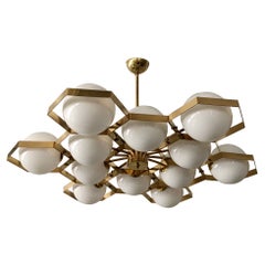 Murano Hexagonal White Glass and Brass Mid-century Chandelier and Pendant, 1980