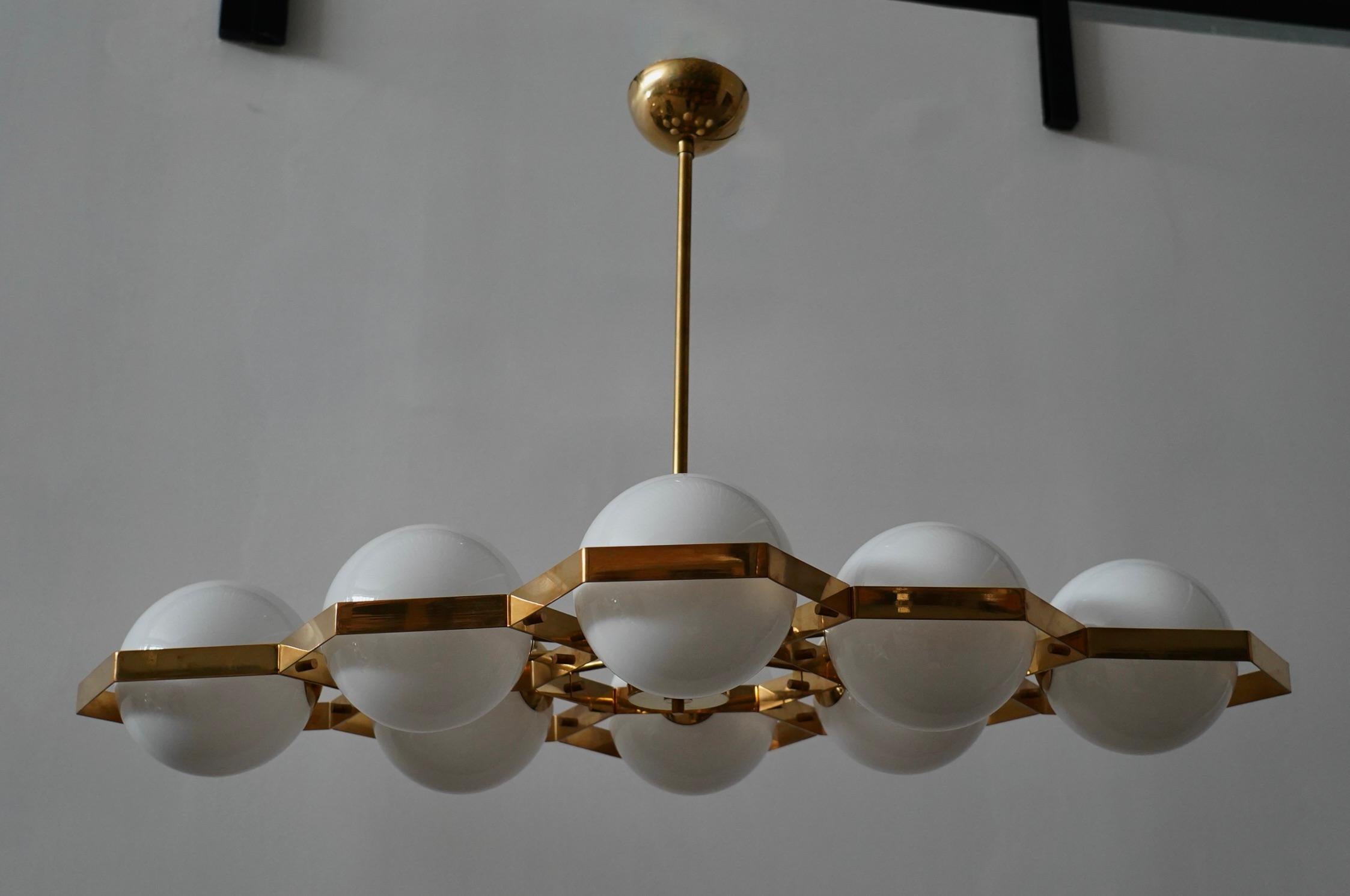 Mid-Century Modern Murano Hexagonal White Glass and Brass Mid-century Chandelier and Pendant, 2020 For Sale