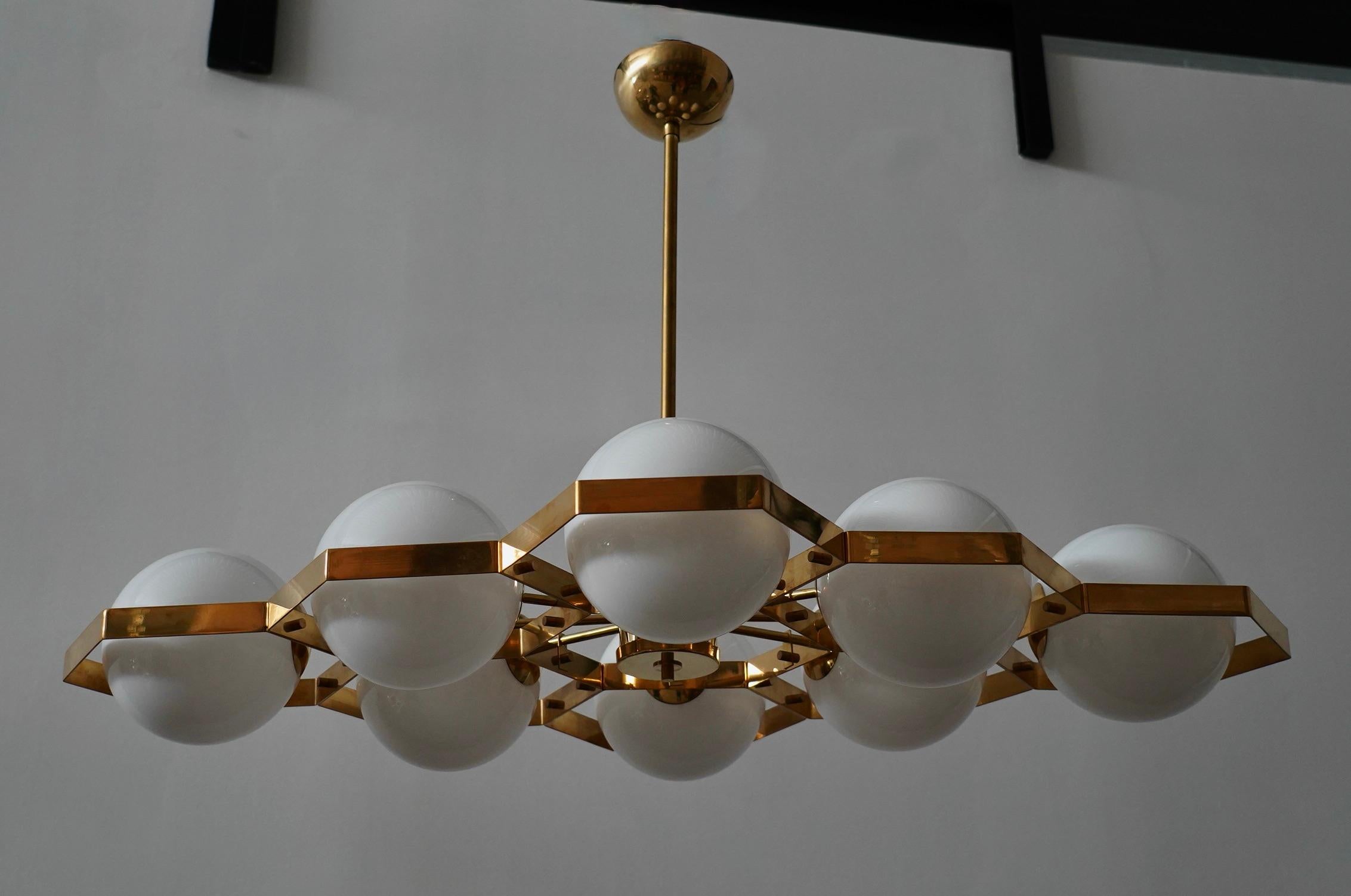 Italian Murano Hexagonal White Glass and Brass Mid-century Chandelier and Pendant, 2020 For Sale
