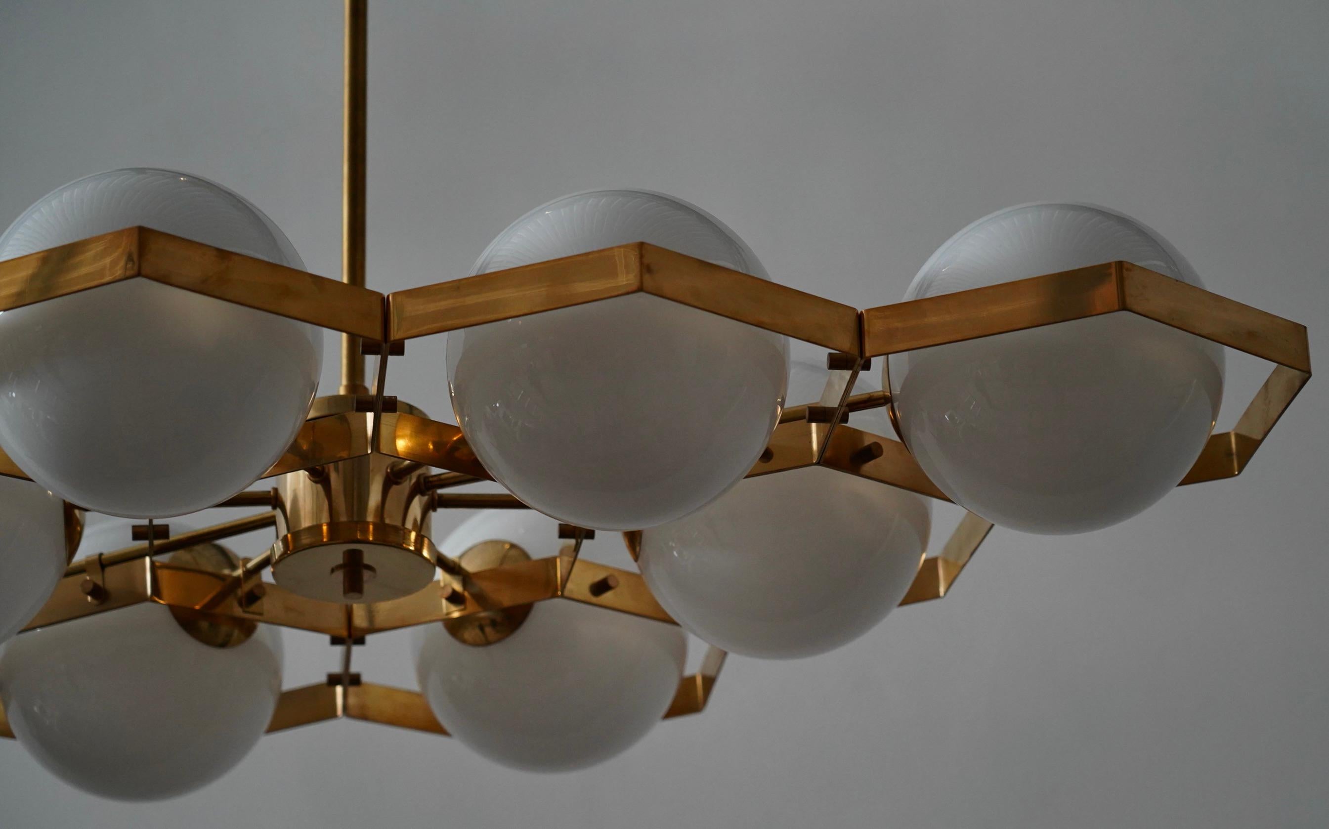 Contemporary Murano Hexagonal White Glass and Brass Mid-century Chandelier and Pendant, 2020 For Sale