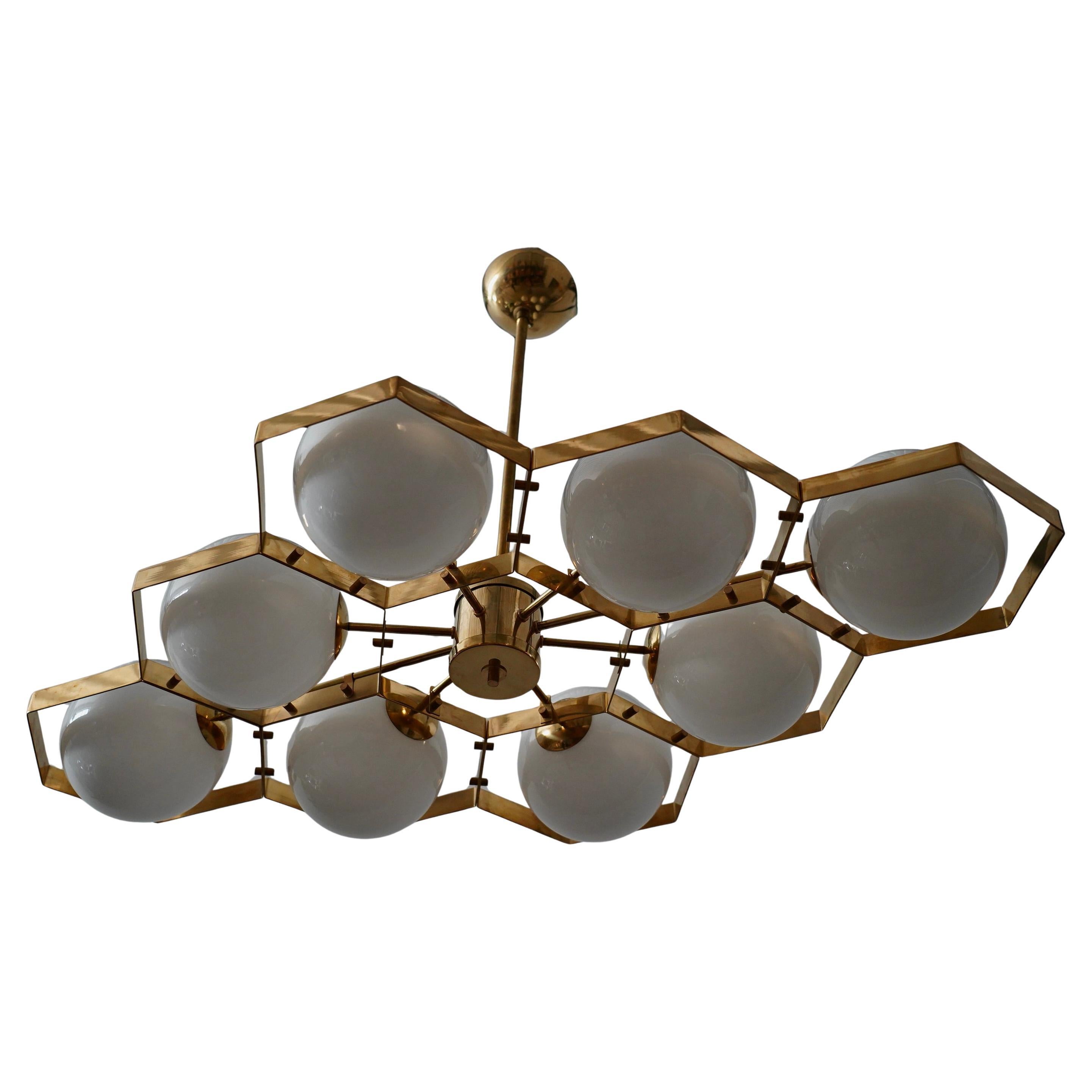Murano Hexagonal White Glass and Brass Mid-century Chandelier and Pendant, 2020 For Sale