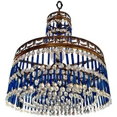 Retro Murano Hollywood Regency Blue Crystal Teardrops Wedding Cake Gilt Chandelier