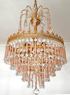 Gilt Hollywood Regency Wedding Cake Chandelier in Pink Murano Glass and Crystal