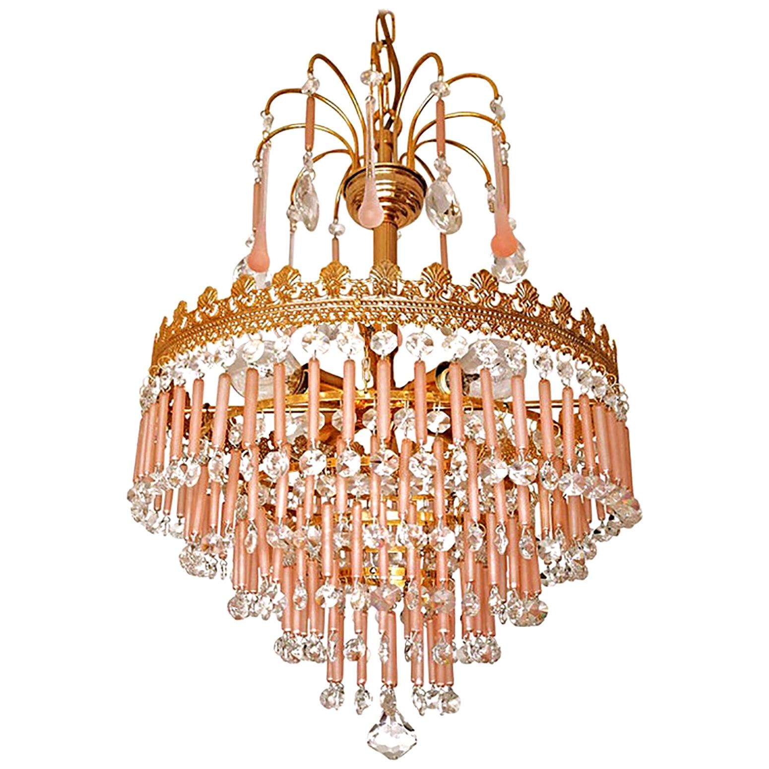 Murano Hollywood Regency Pink Crystal Teardrops Wedding Cake Gilt Chandelier