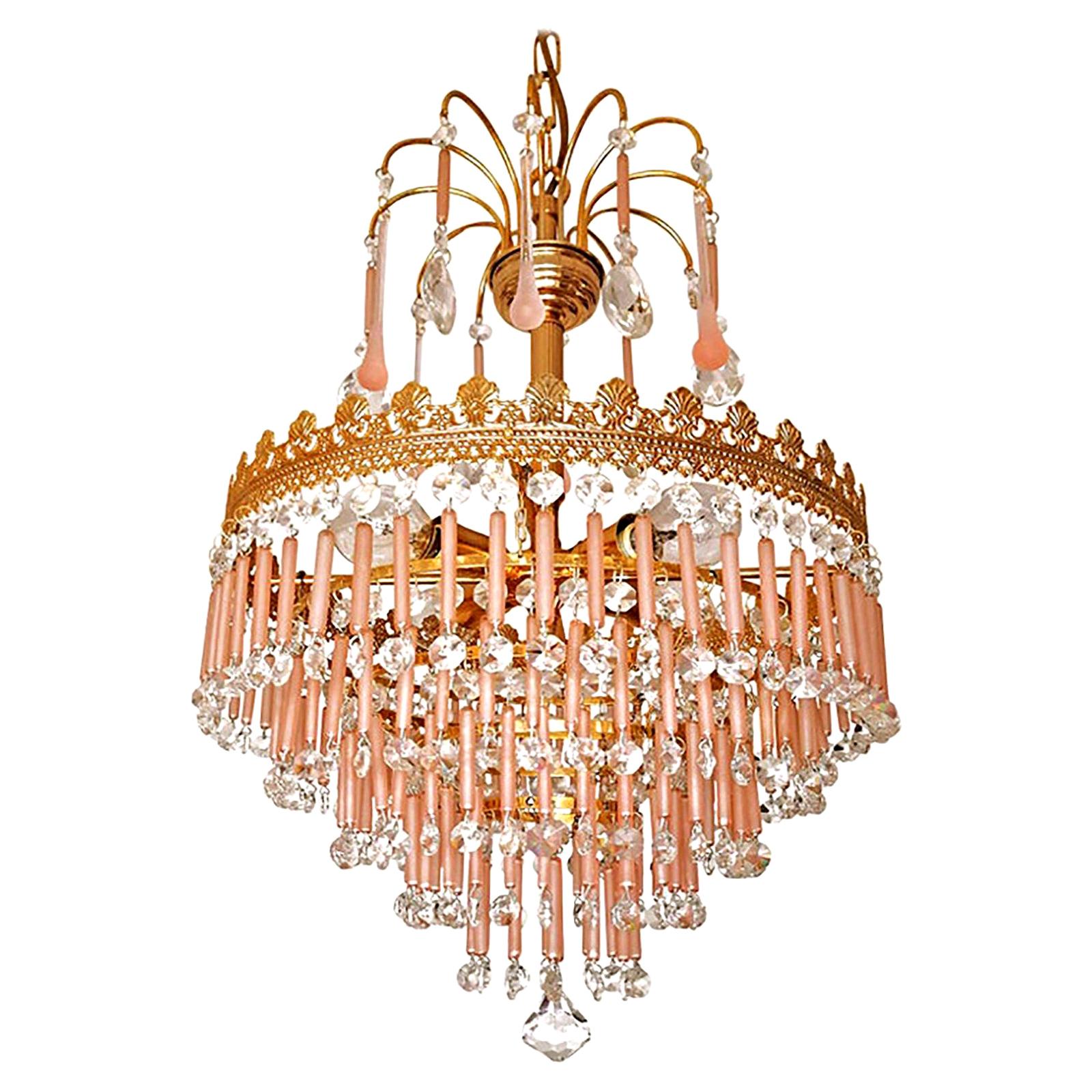 Gilt Hollywood Regency Wedding Cake Chandelier in Pink Murano Glass and Crystal For Sale