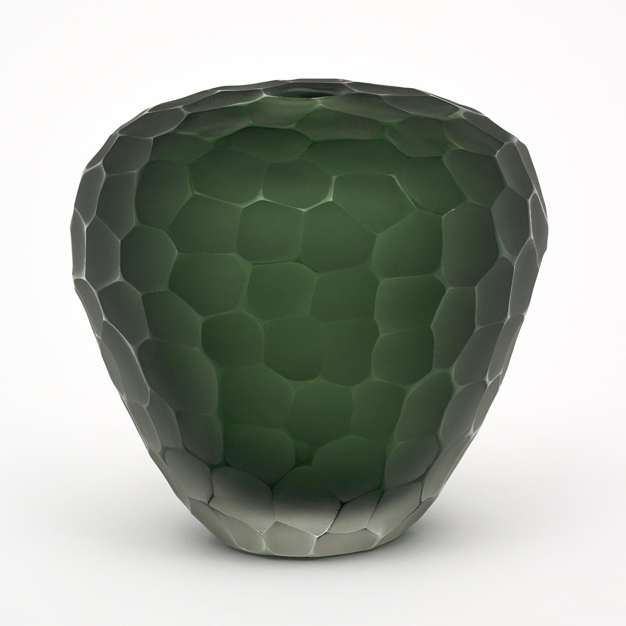 Vase, Italian, from the island of Murano. This hand-blown piece is made of deep hunter green glass in the hammered “battuto” style. In the manner of Ettoree Sottsass. Signed by glass maestro Alberto Dona.