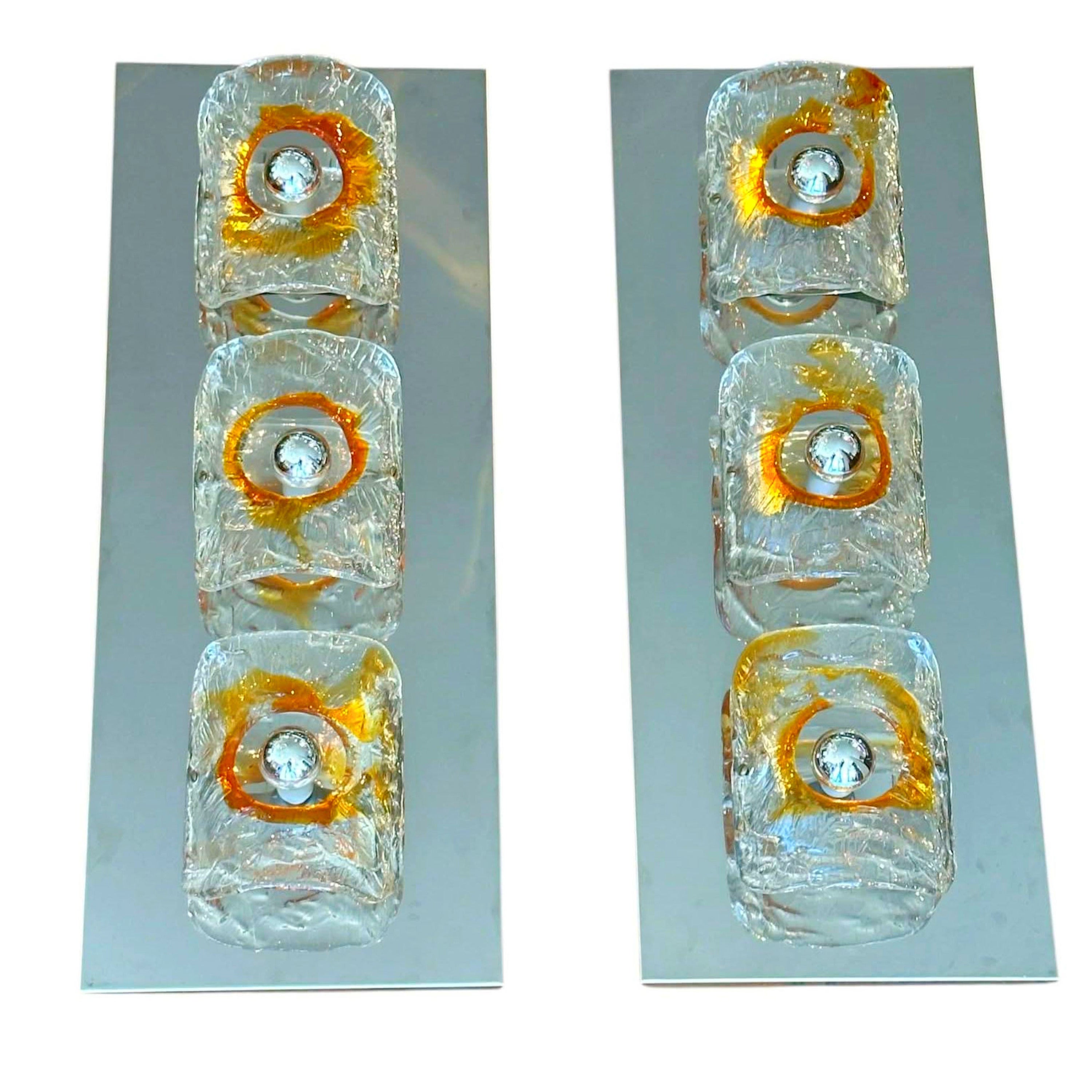 Apliques de cristal helado de Murano y cromo de Mazzega en venta