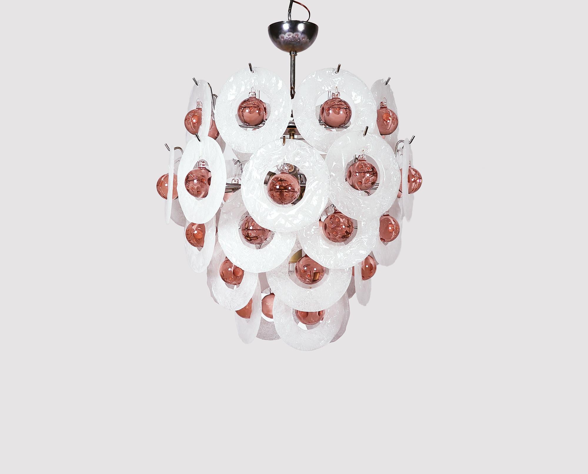 Mid-Century Modern 1960s Italy Vistosi Chandelier Pink Murano Glass Balls on Iced Discs