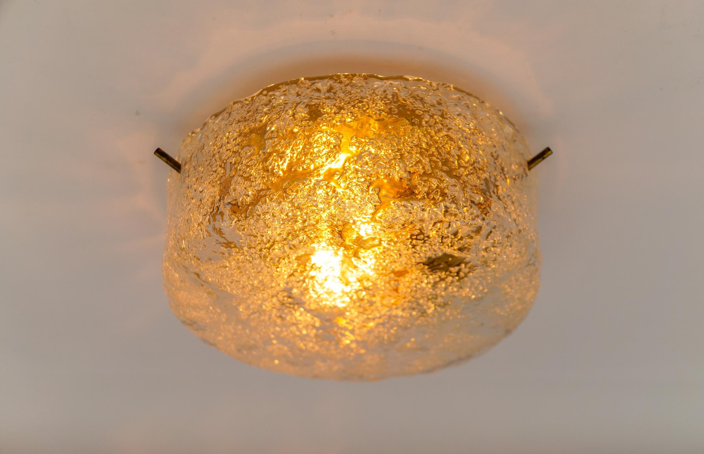 Metal Murano Ice Glass Flush Mount Sconce, Italy, 1960s For Sale