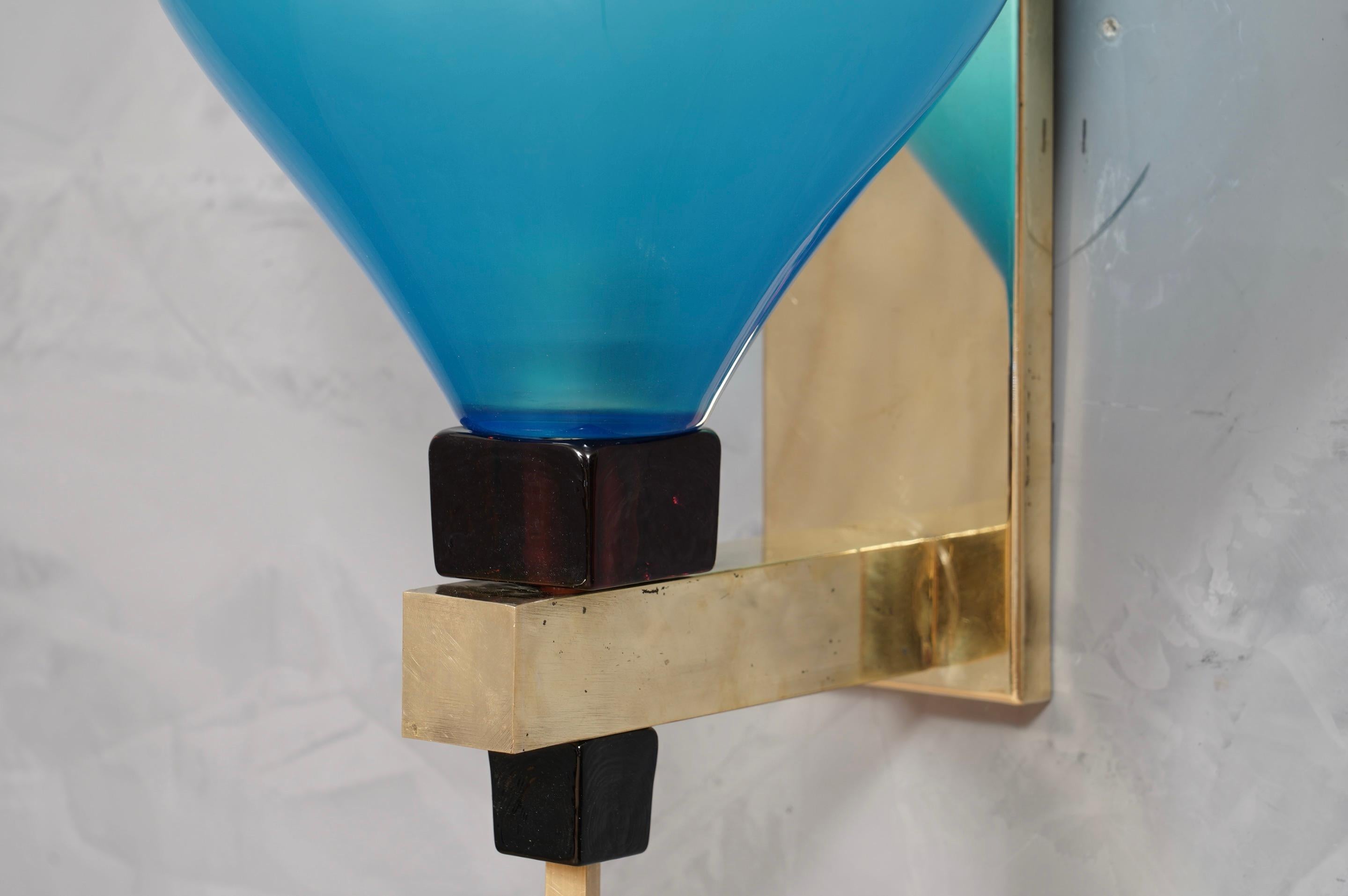 Mid-Century Modern Murano in Style of Vistosi Blown Blu Glass and Brass Wall Light, 1980
