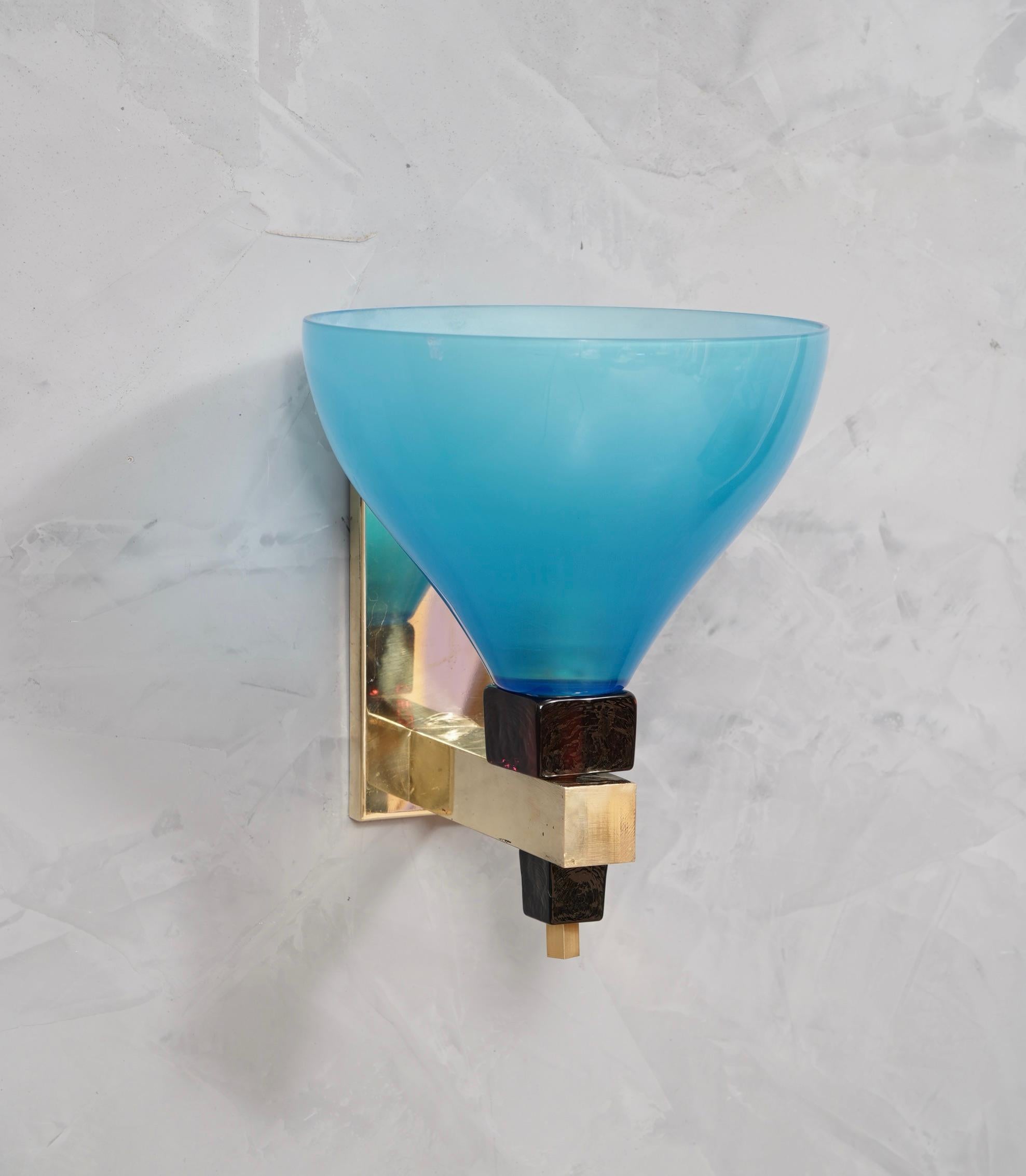 Late 20th Century Murano in Style of Vistosi Blown Blu Glass and Brass Wall Light, 1980