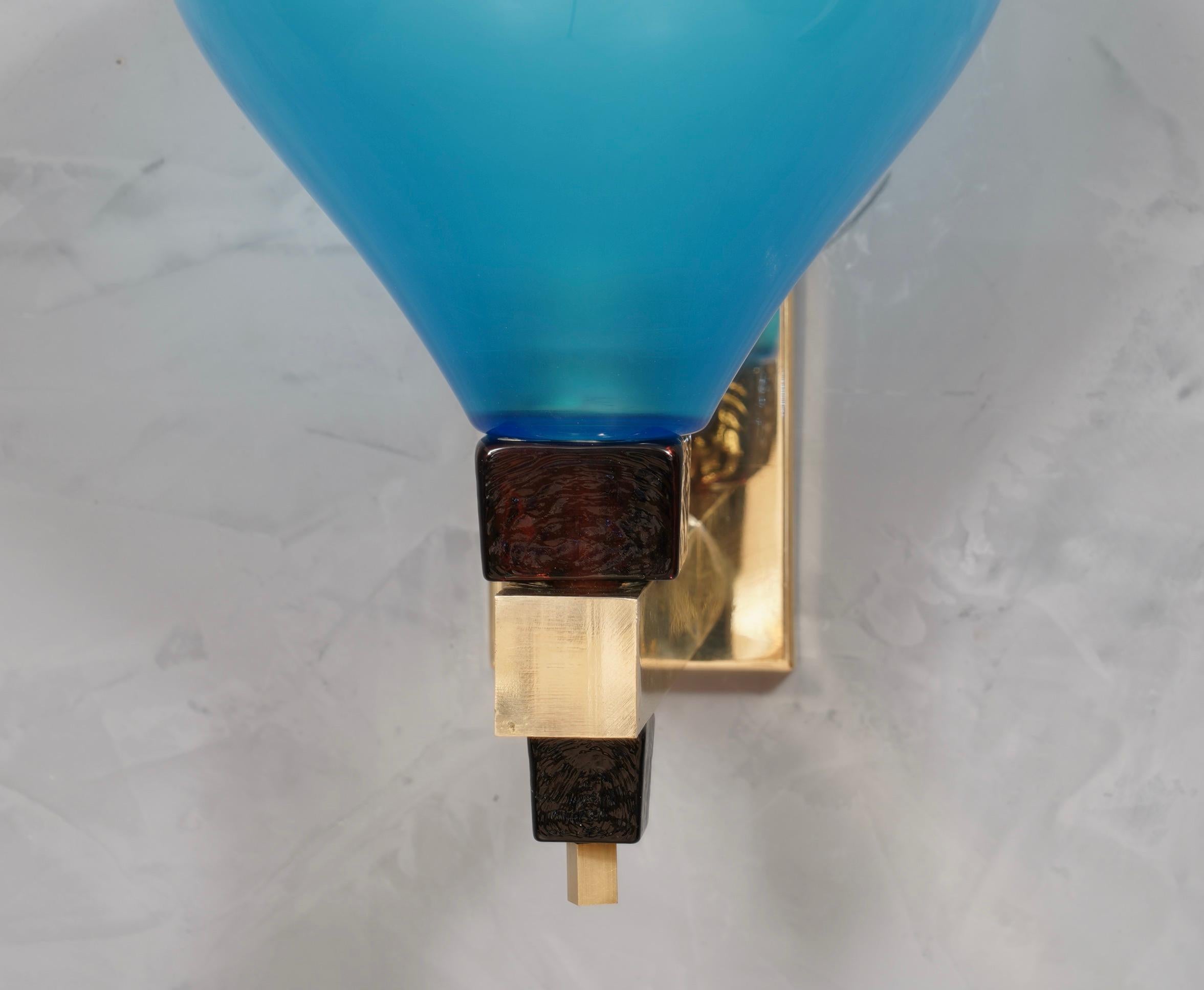 Murano Glass Murano in Style of Vistosi Blown Blu Glass and Brass Wall Light, 1980