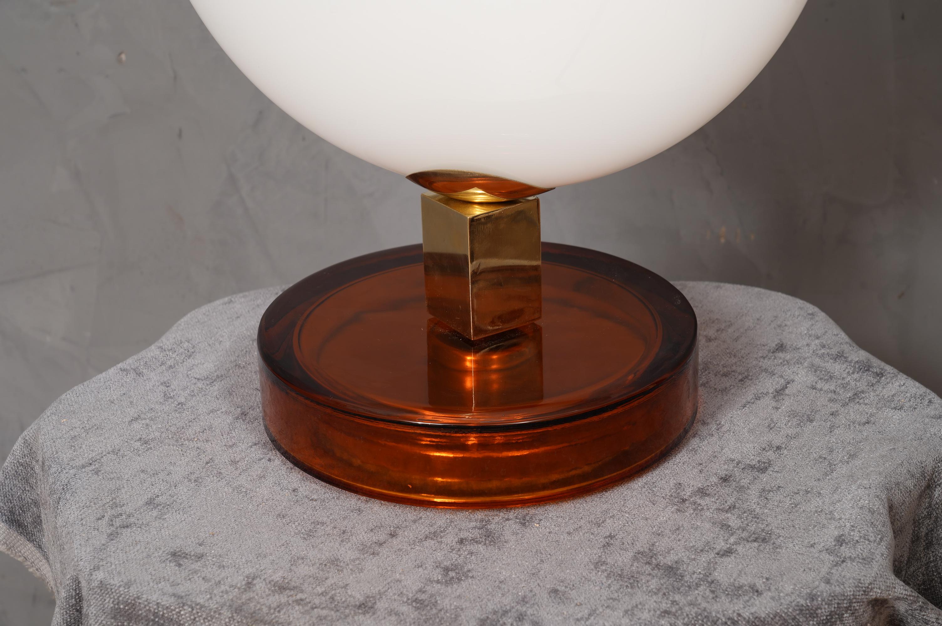 Mid-Century Modern Murano in Style of Vistosi Blown White Glass and Brass Table Lamp, 1980
