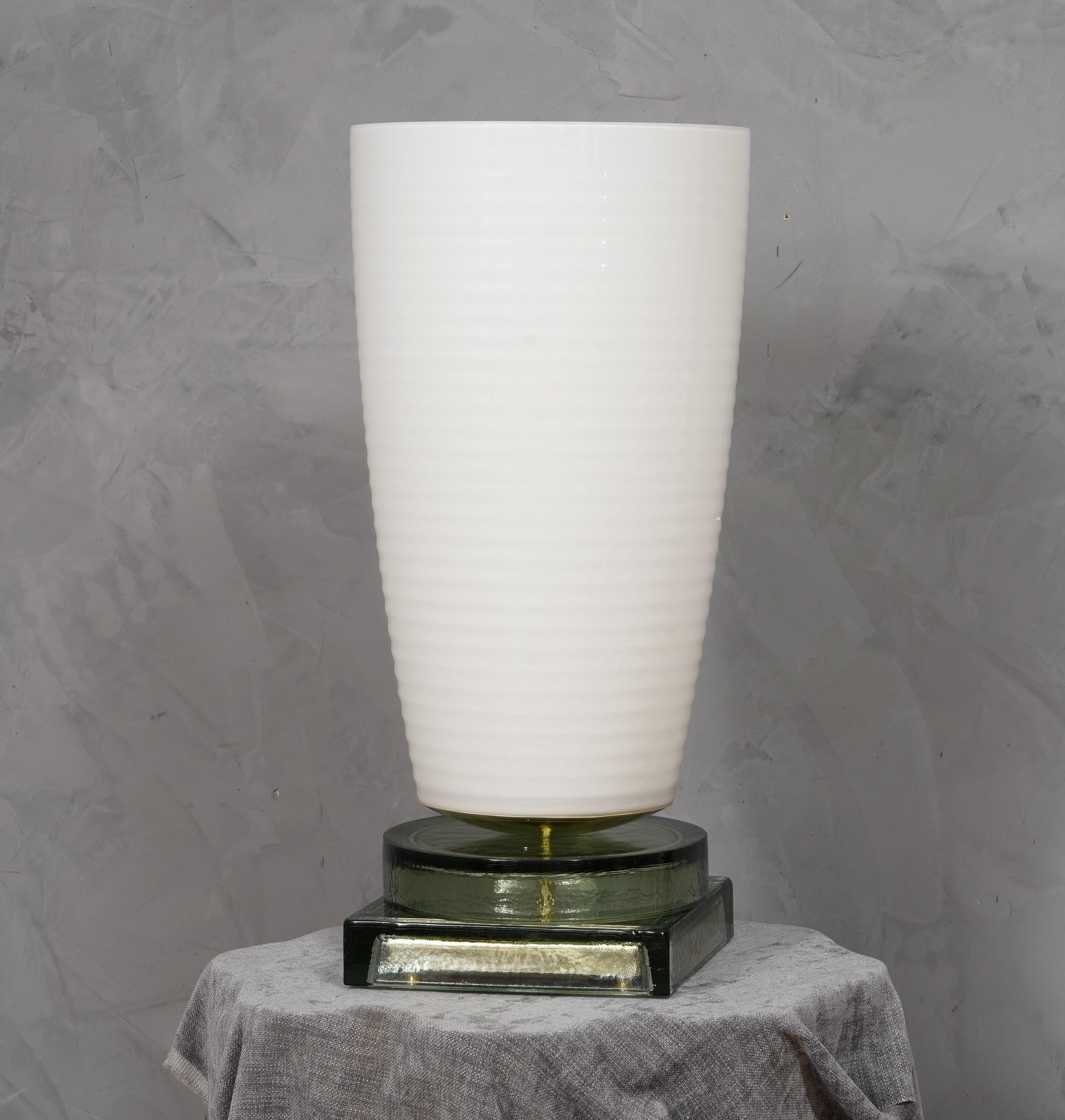 Late 20th Century Murano in Style of Vistosi Blown White Glass and Brass Table Lamp, 1980 For Sale