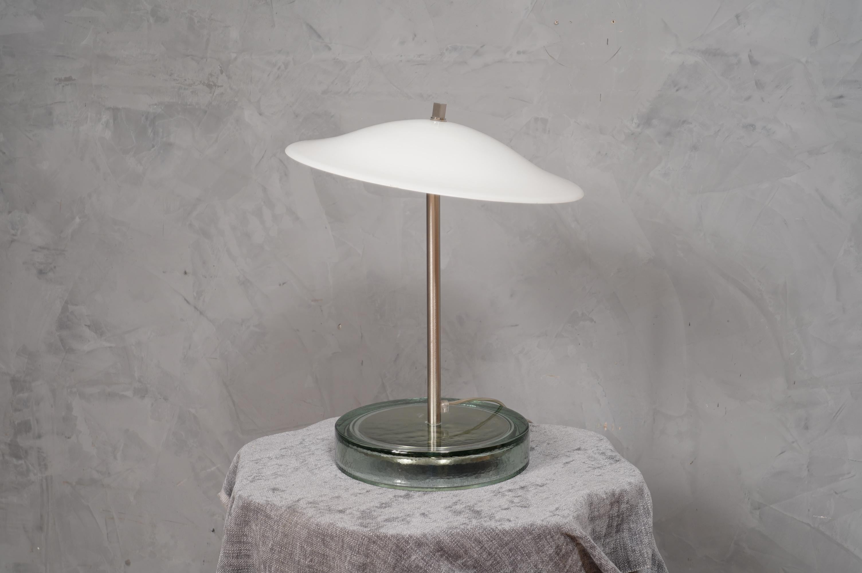 Murano Glass Murano in Style of Vistosi Blown White Glass and Steel Table Lamp, 1980 For Sale