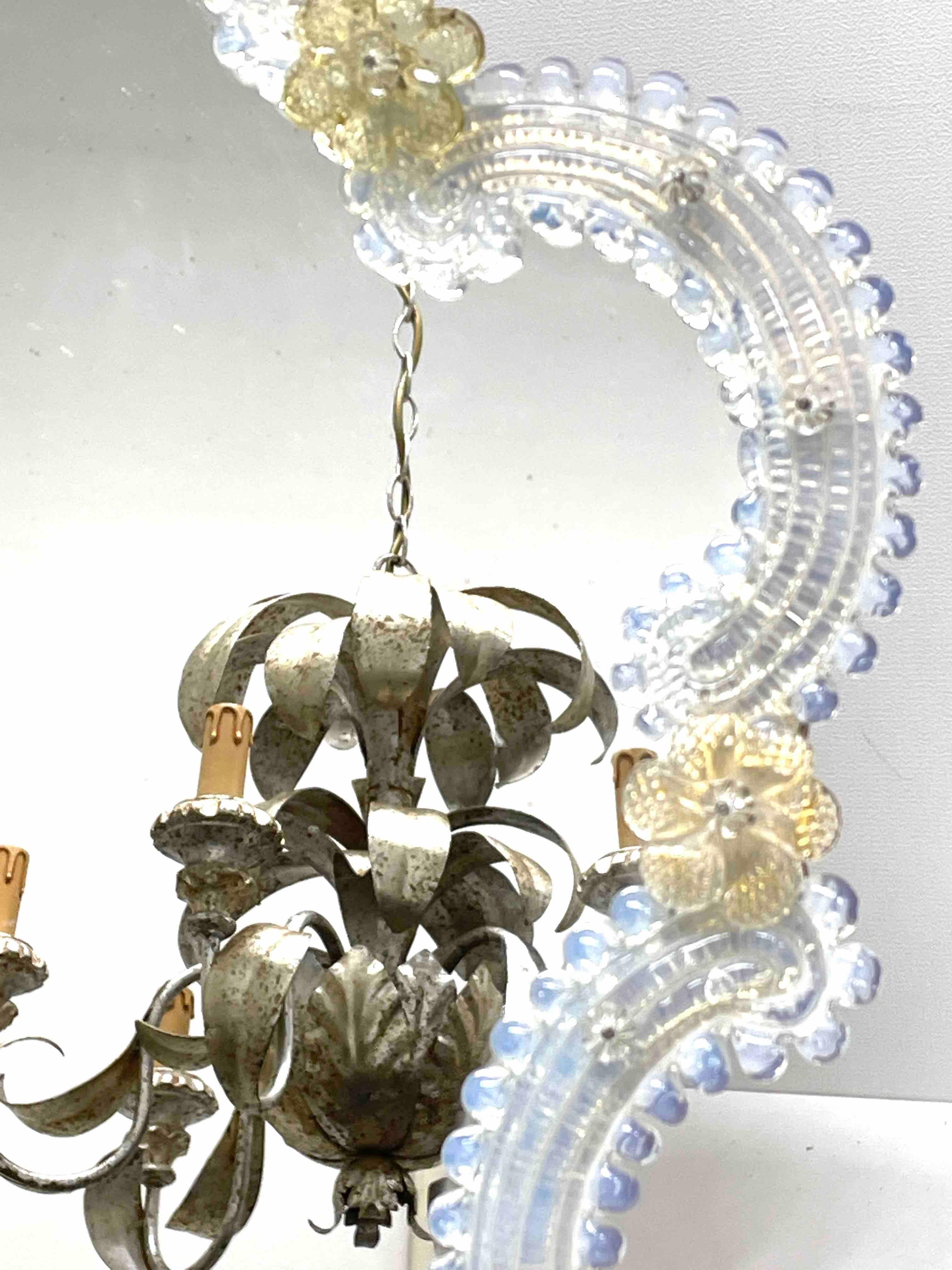 Hand-Crafted Murano Iridescent Glass Mirror with Flowers 1950s, Italy Venetian Venice For Sale