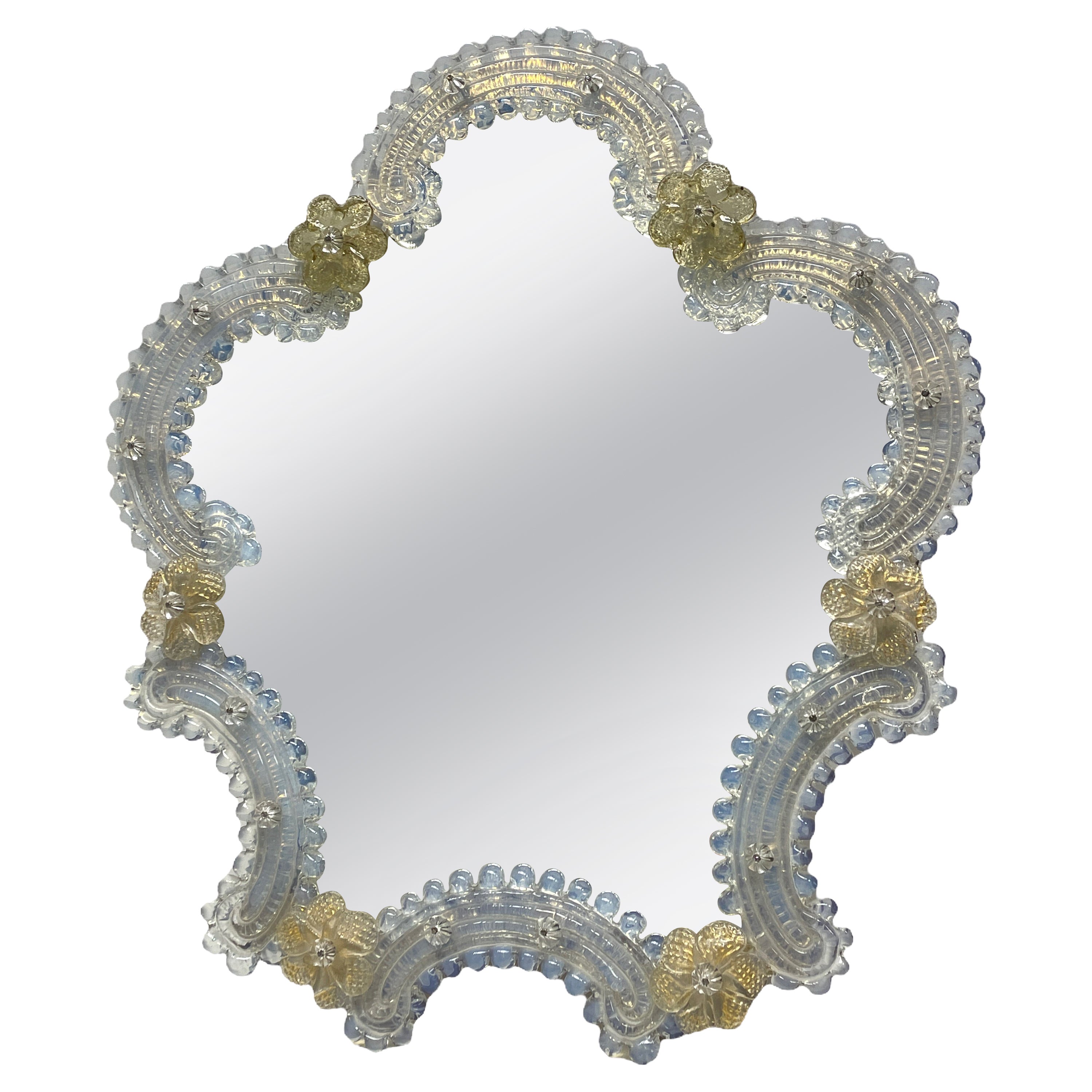 Murano Iridescent Glass Mirror with Flowers 1950s, Italy Venetian Venice
