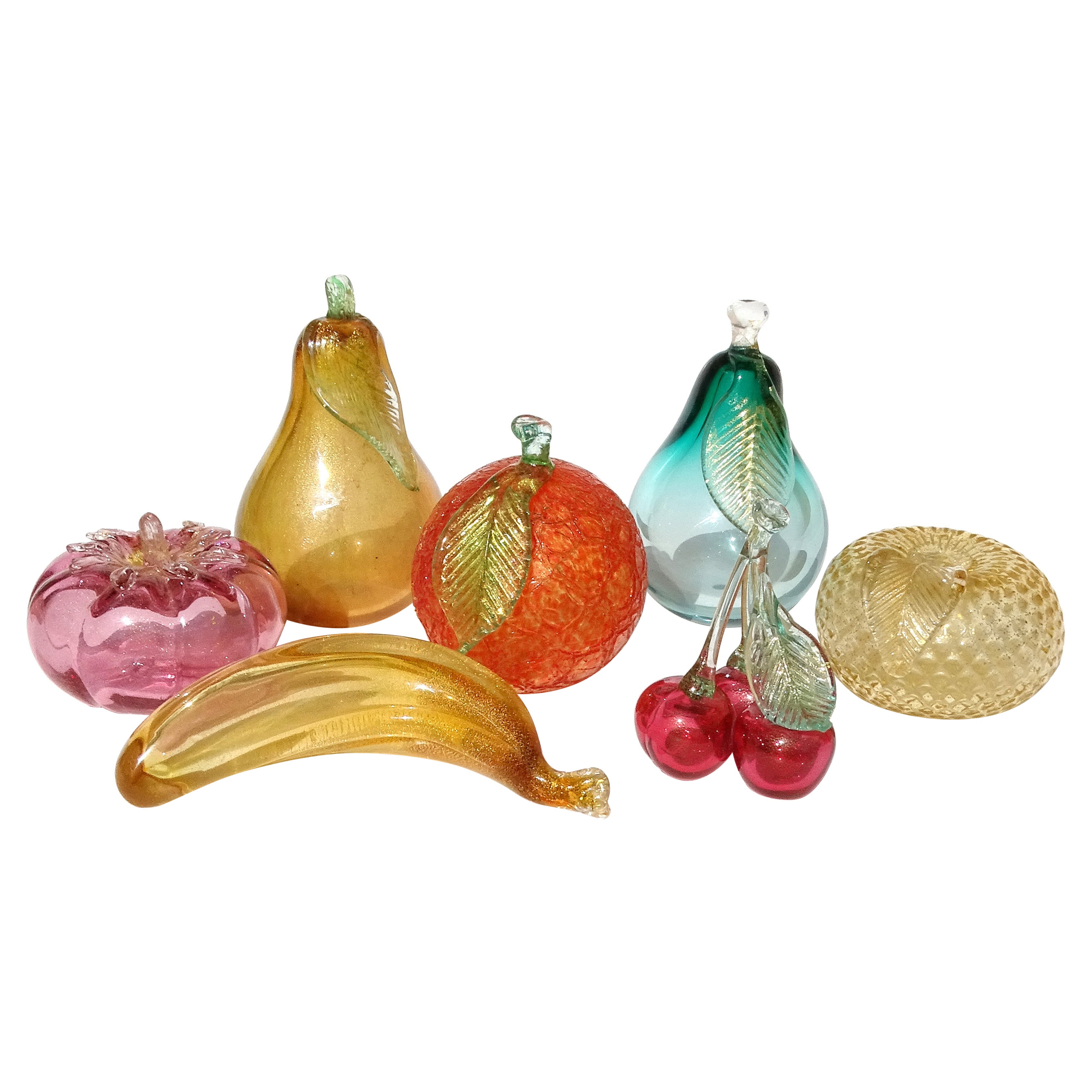 Sculture di frutta in vetro artistico italiano di Murano 7 pezzi: pera, ciliegia, banana, arancia e oro