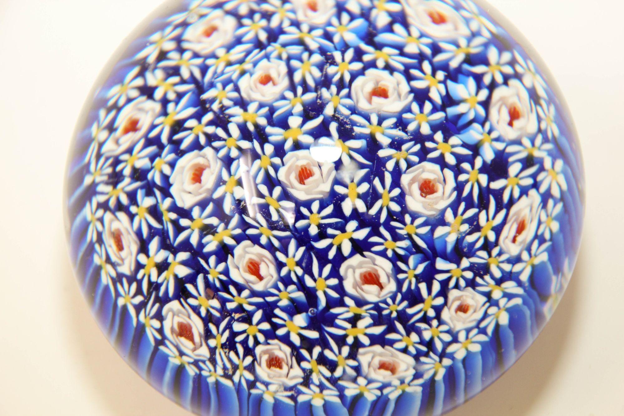 Hand-Crafted Murano Italian Art Glass Collectable Paper Weight Millefiori Shades of Blue 1960