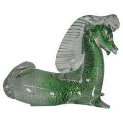 Murano Italian Art Glass Green Kneeling Laying Horse Figurine Sculpture, Italy