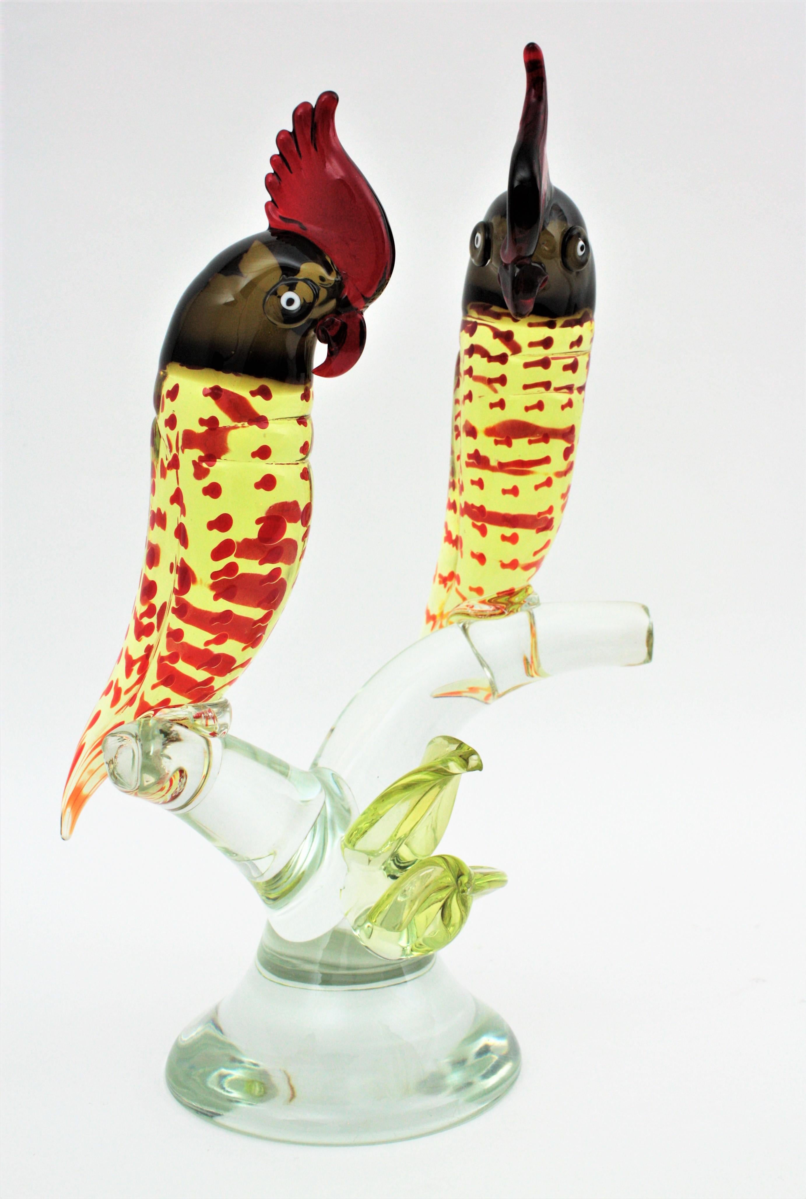 Mid-Century Modern Murano Italian Art Glass Parrots Sculpture For Sale 9