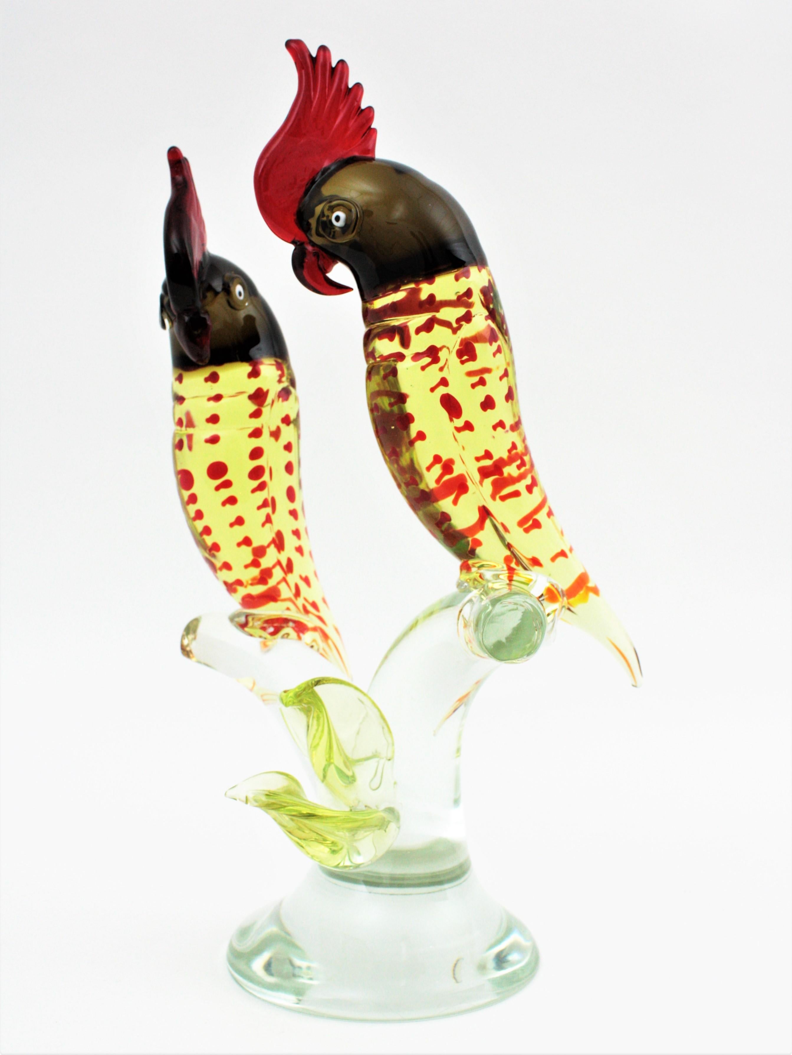 Mid-Century Modern Murano Italian Art Glass Parrots Sculpture In Excellent Condition For Sale In Barcelona, ES