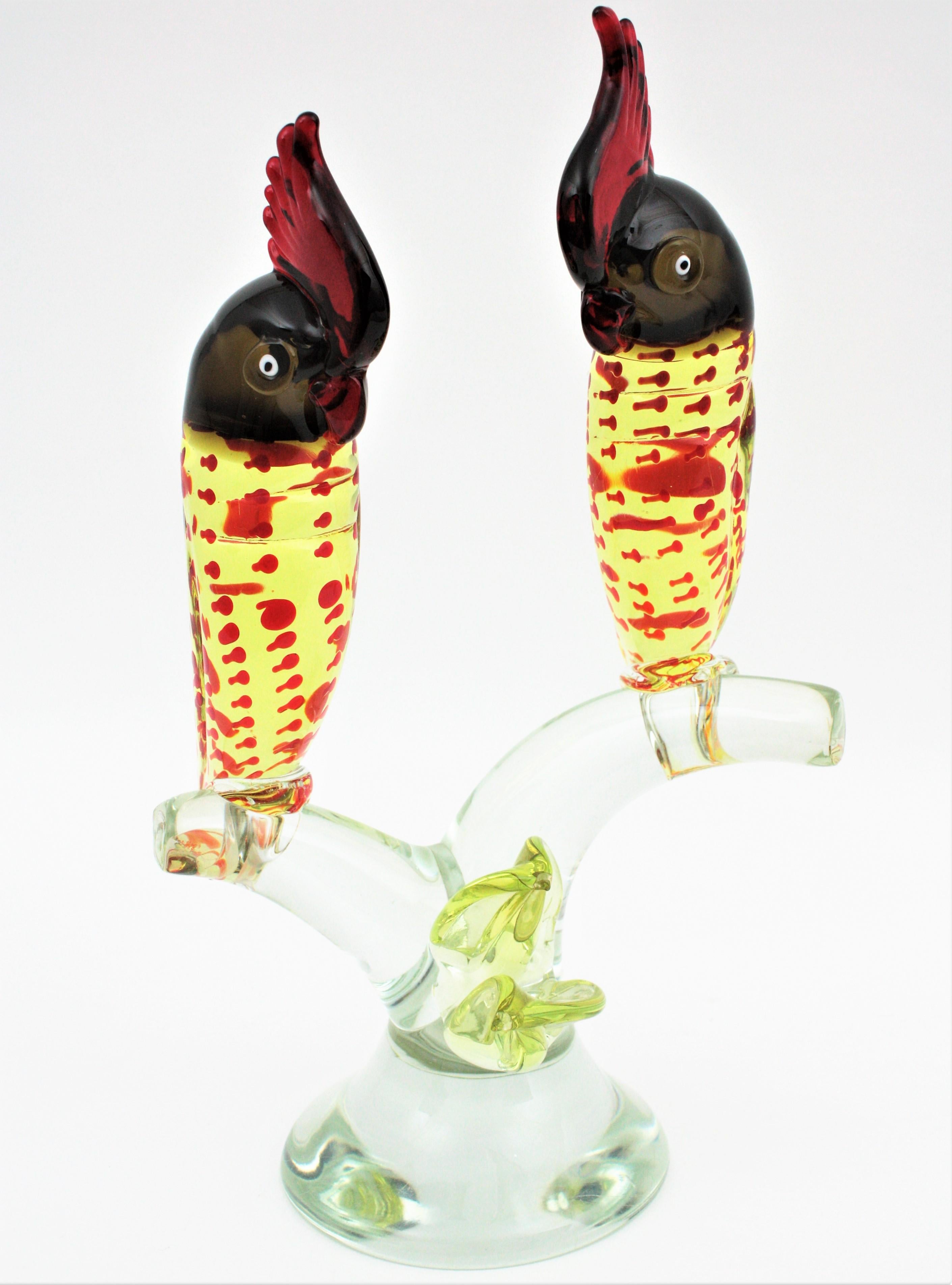 Mid-Century Modern Murano Italian Art Glass Parrots Sculpture For Sale 2