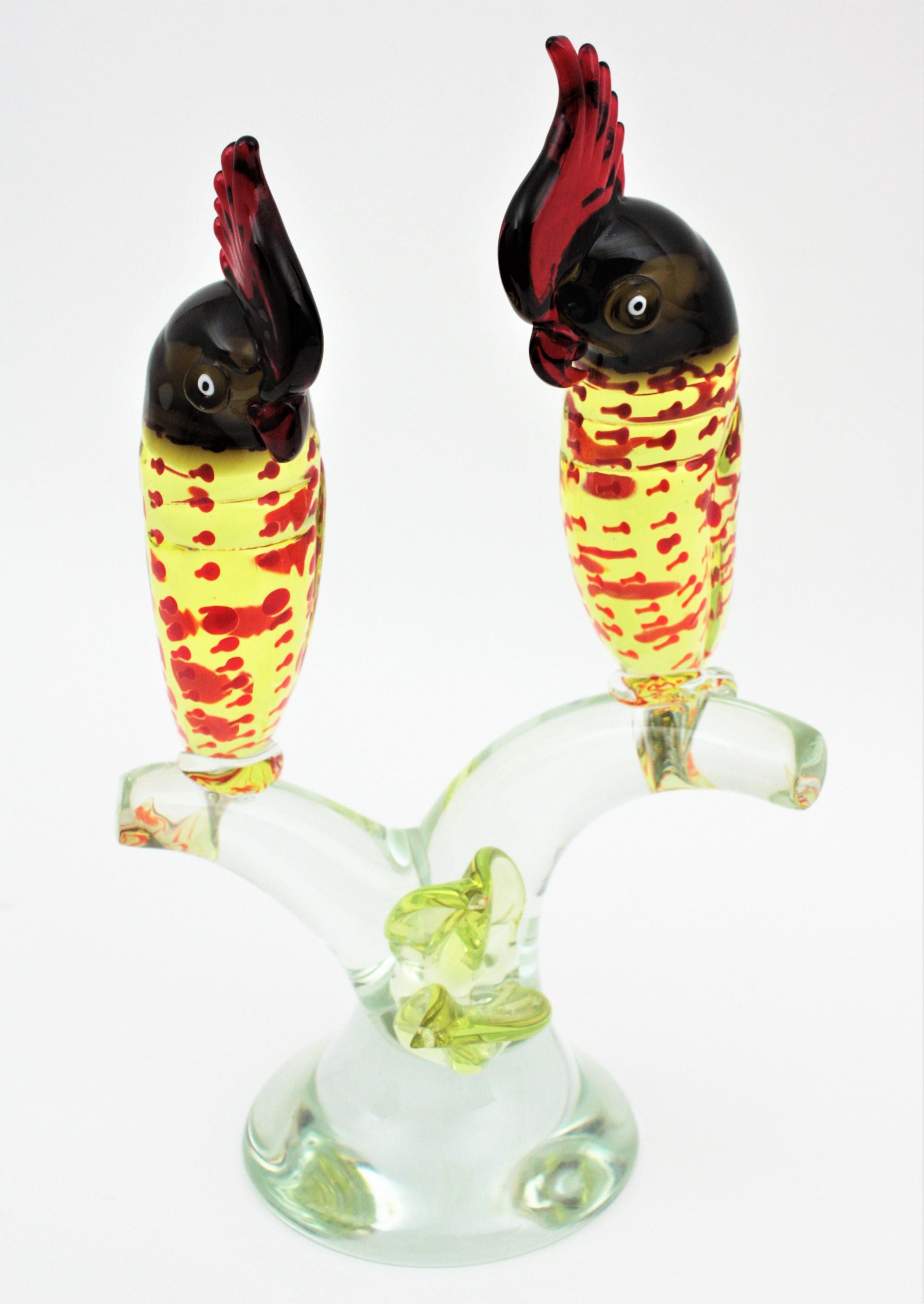 Mid-Century Modern Murano Italian Art Glass Parrots Sculpture For Sale 4